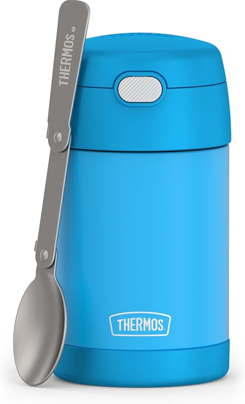 THERMOS FUNTAINER Tarro de comida con cuchara, 16 oz, azul vaquero | Contenedor de alimentos aislado de acero inoxidable apto para niños, mantiene la comida caliente o fría por más tiempo para la escuela y el juego, sin BPA