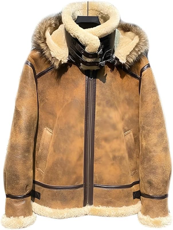 Mens B3 Bomber Leather Jacket - Real Sheepskin Distressed Vintage Aviator Shearling Faux Fur Detachable Hood