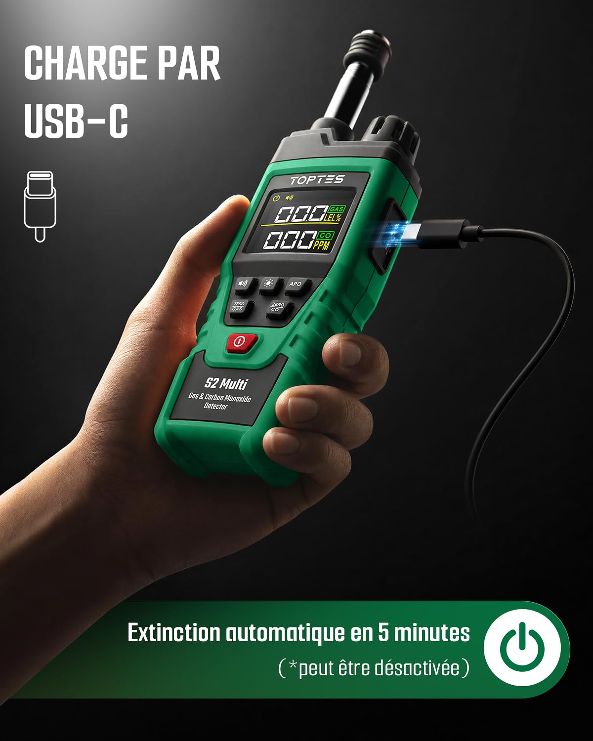 TopTes S2 Multi Detecteur De Gaz & Detecteur Monoxyde Carbone Portable-GN