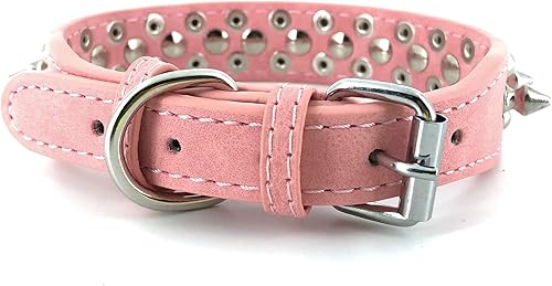 Miniatura 2 de Collar de perro con tachuelas y tachuelas cromadas redondas antimordeduras (rosa, S)