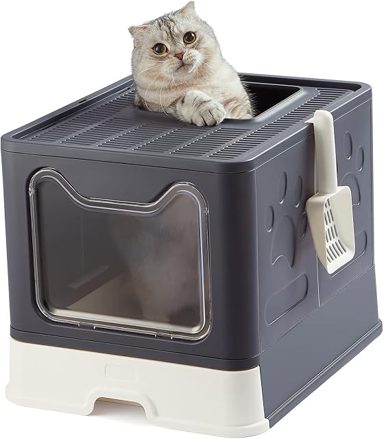 Pawsayes Foldable Cat Litter Tray with Lid, Large Top Entry Litter Box with Litter Scoop, Enclosed Splash-Proof and Leak-Proof Cat Potty