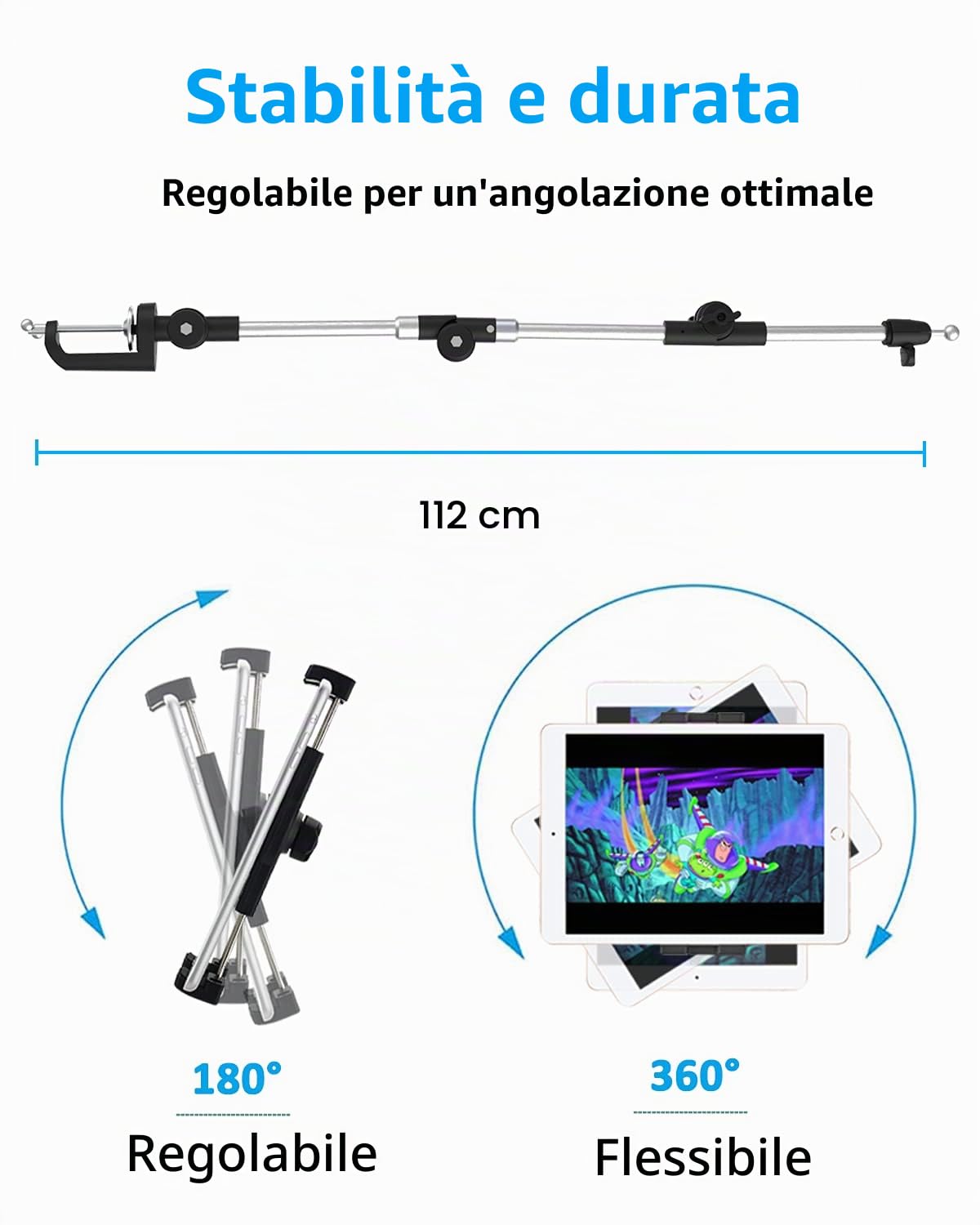 Supporto Tablet Braccio Regolabile, Oilcan Porta Tablet Scrivania Letto Tavolo con Braccio a 3 Stadi, Staffa Snodabile per iPad Pro 12.9 Air Mini, Galaxy, Switch, serie iPhone ecc (4-12,9 ")