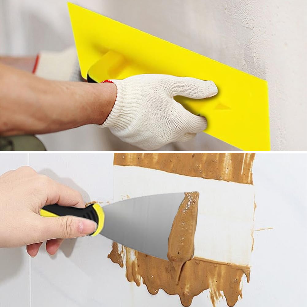 Set di stucchi da pittura in acciaio inossidabile, 12 pezzi, coltello per stucco in acciaio inox, 350-25 mm, strumento per stuccare con PP + TPR manico giallo e nero per cartongesso, intonaco, carta