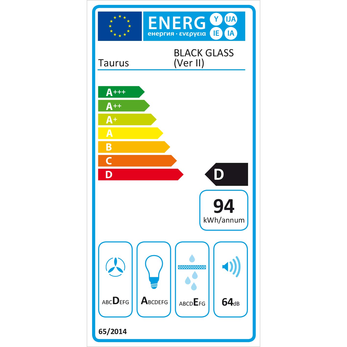 Taurus Black Glass - Ozdobny kaptur 60 cm 750 m3/h, 3 poziomy usuwania, oświetlenie LED, 1 filtr 5 warstw, Szkło, Czarny