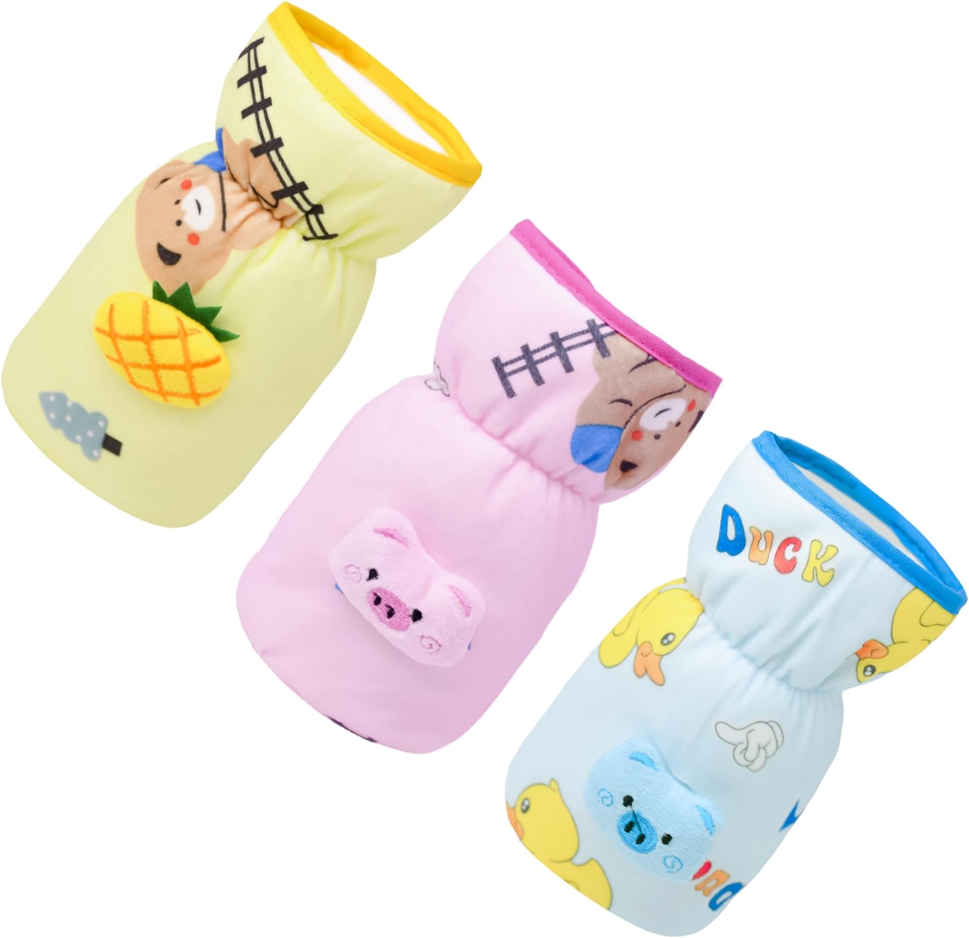 The Little Lookers Soft Plush Stretchable Baby Feeding Bottle Cover with Easy to Hold Strap | Cute Animated Overall Print Pack of 3 (Multicolor, Wide Neck 240-330ml/8-11OZ)