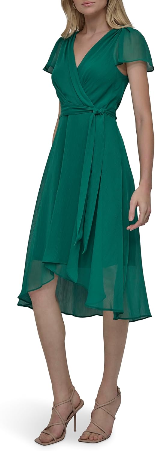 DKNY Womens Flutter Sleeve Surplice Tie Fit & Flare Midi Dress - Image 3