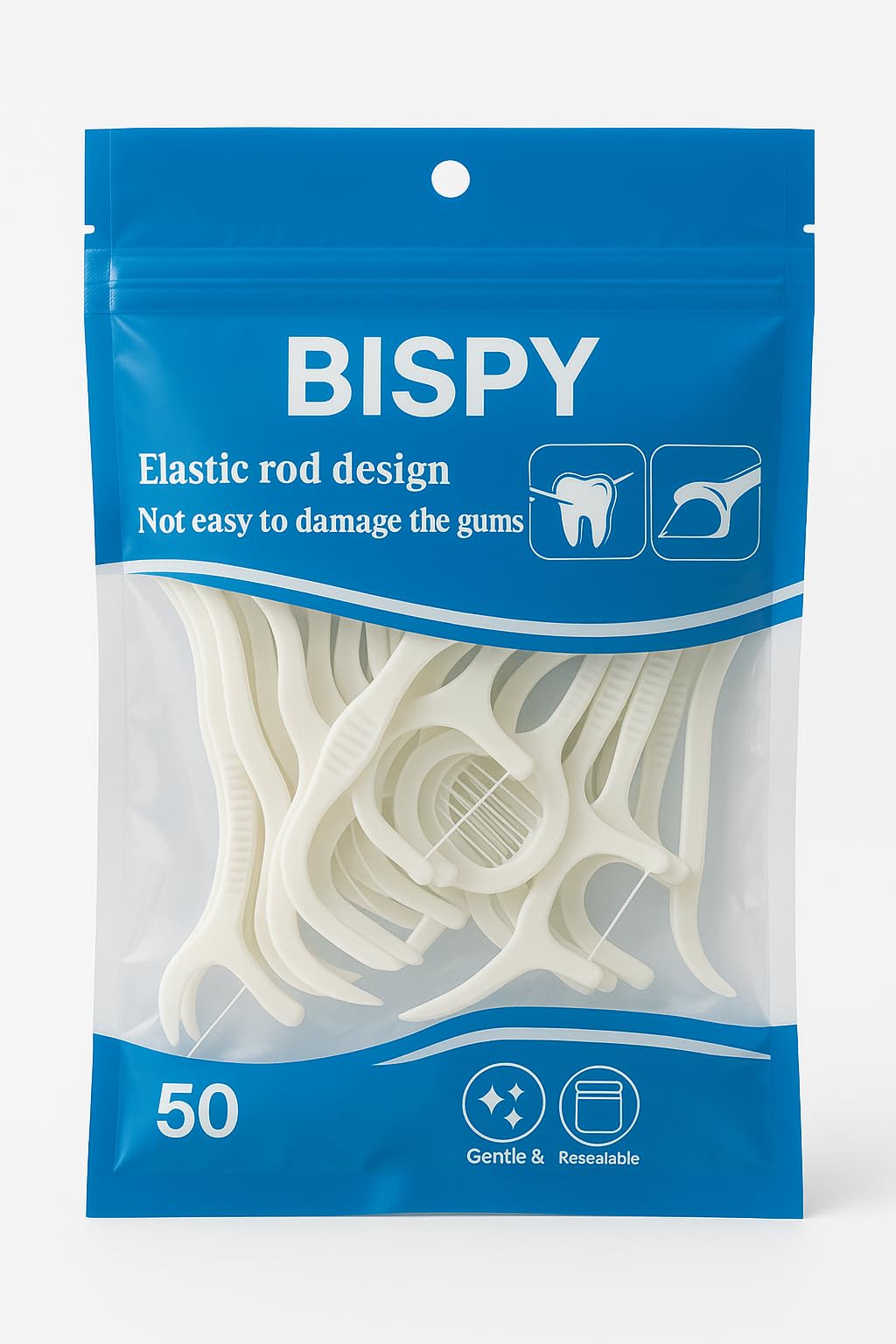Bispy Dental Floss Picks for Teeth Cleaning – 50 Count | Elastic Rod Design | Gentle on Gums | Oral Hygiene Tool with Resealable Pack | Floss Sticks for Deep Cleaning-image-32