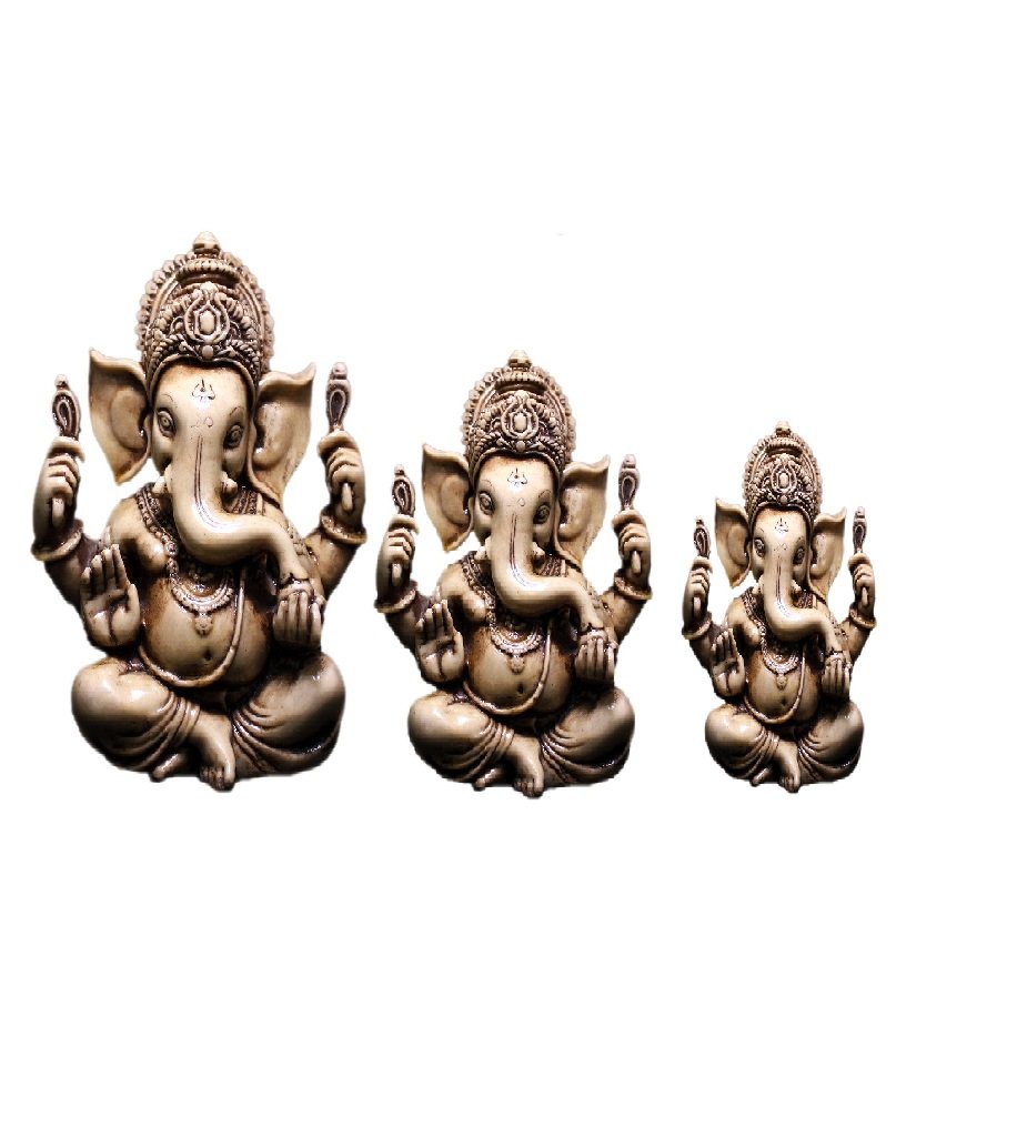 craftstore14Hand Carved God Ganesha Ganpati Statue Resin Idol Sculpture Set of Three Off White