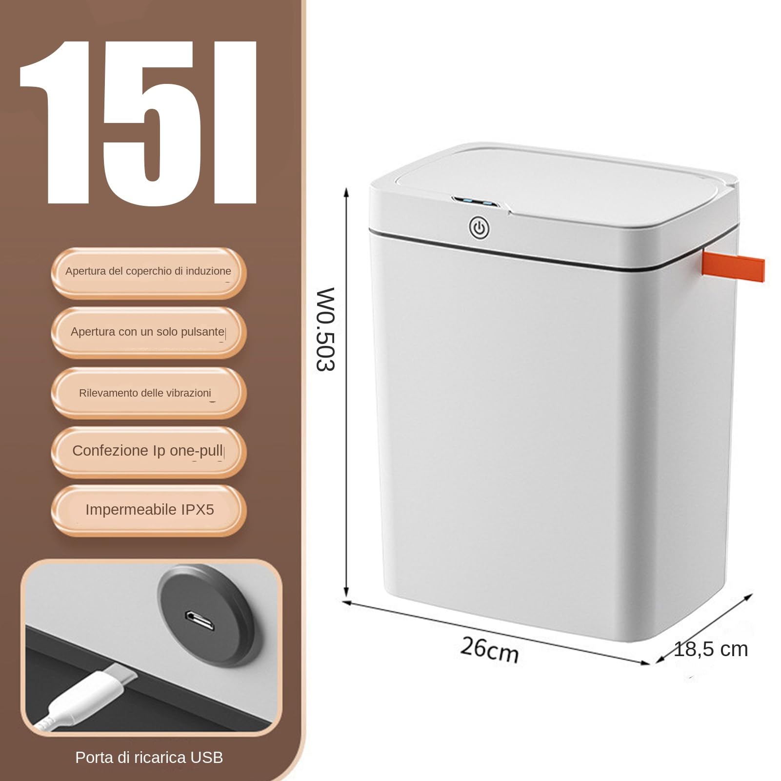 Generico Bidoni della spazzatura senza contatto - Pattumiera ricaricabile tramite USB, cestino automatico, sensore di movimento, camera da, bagno, cucina, coperchio sottile impermeabile