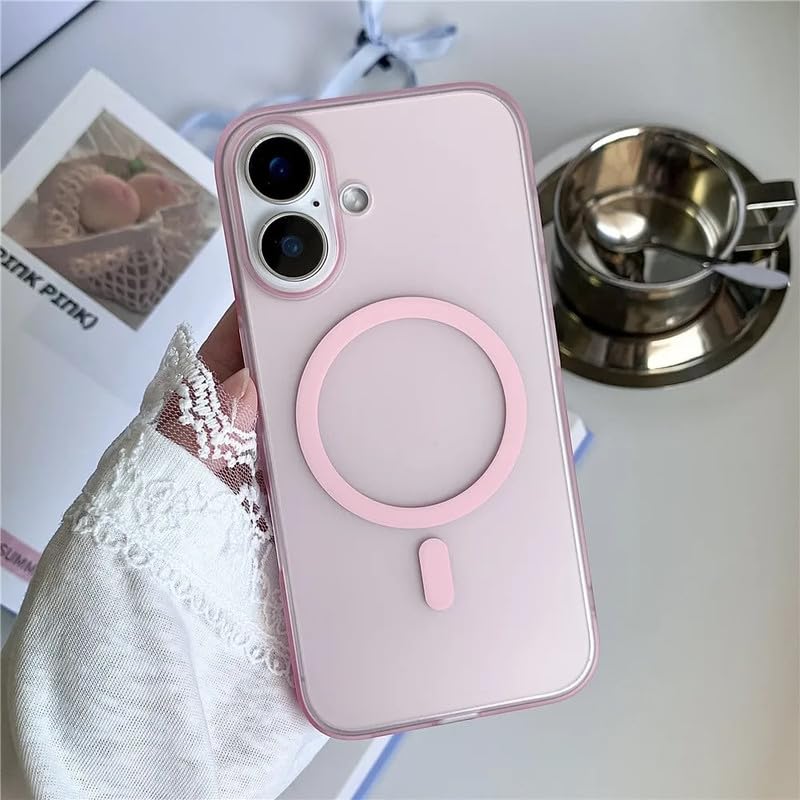 Image of COVERLY Luxury Hard Translucent Paper Thin Case Cover for iPhone 16 | Matte Finish | Magnetic Wireless Compatible | (Pastel Pink, iPhone 16)