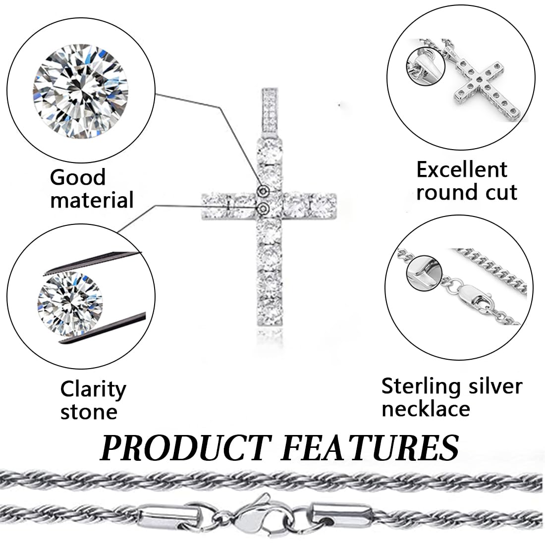 1 Pezzo Collana Uomo Donna Croce Collane Girocollo Uomo Acciaio Inox con Zirconi Catena con Pendente Croce Catenina Rapper Retrò Catenella Acciaio Inossidabile Argenteo