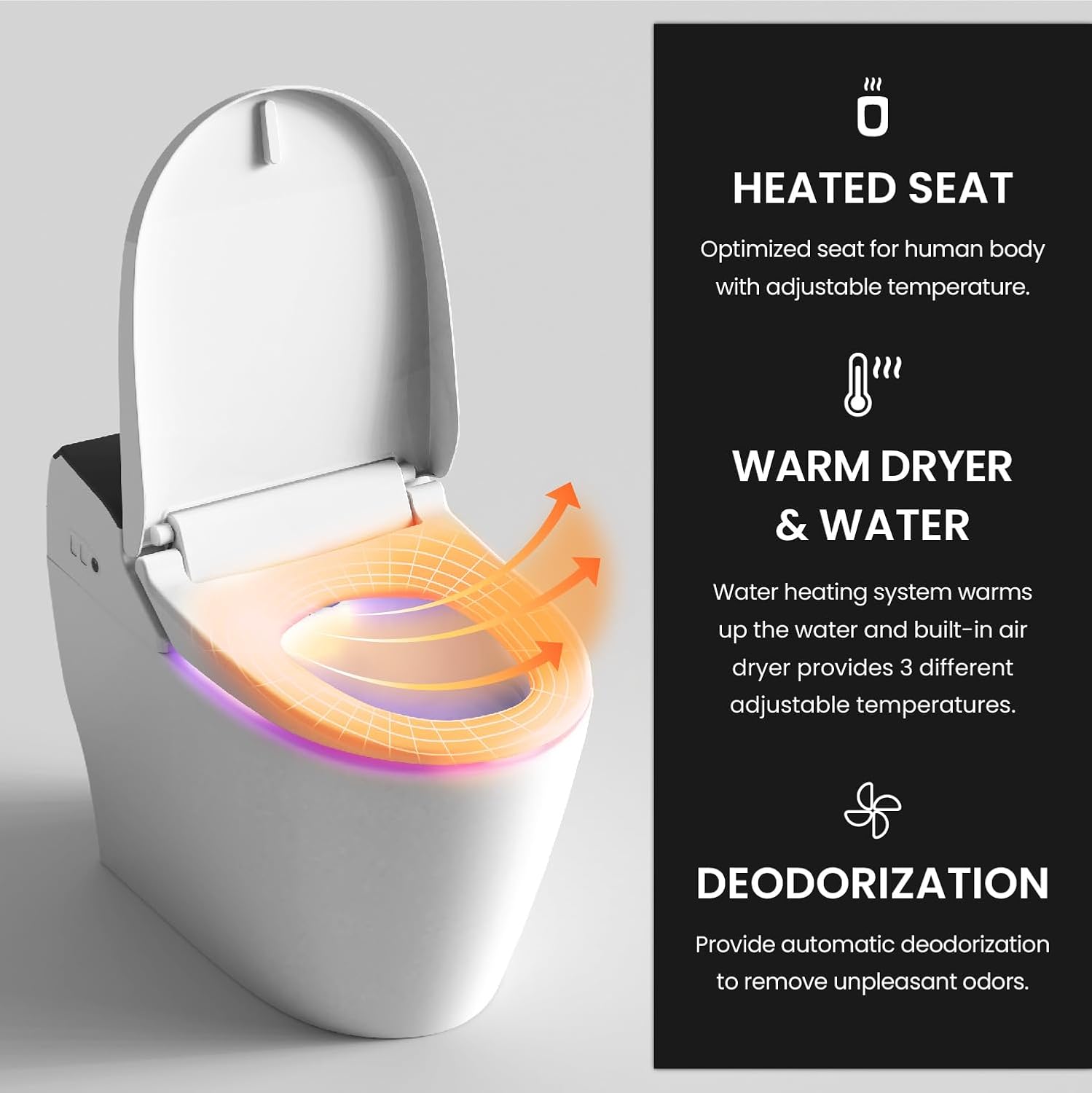 Diagram showing heated seat, warm air dryer, warm water, and deodorization features.