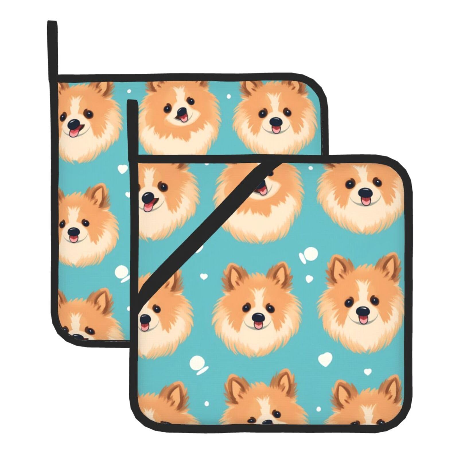 HJFCZH Cute Pomeranian Dog Printed Square Insulated Pot Mat Set (2-Piece) 8x8in Waterproof, Thickened & Easy to Clean with Lanyard Design for Kitchen, Oven & BBQ