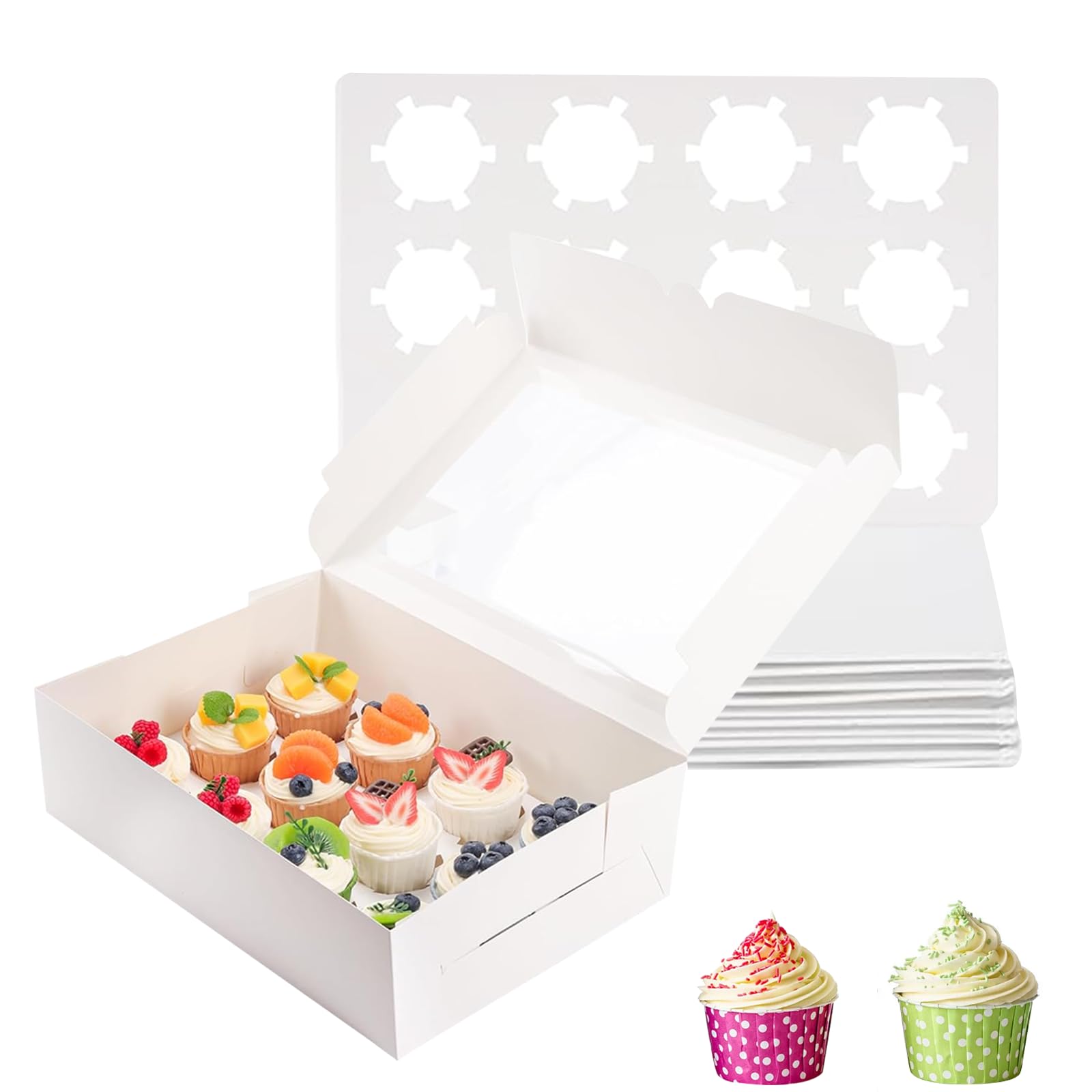 JIUMO 12 Count Cupcake Boxes 6 Pcs Cupcake Containers with Window,Bakery Cake Pastry Box,Cupcake Carrier Boxes for Birthday, Party, Picnic