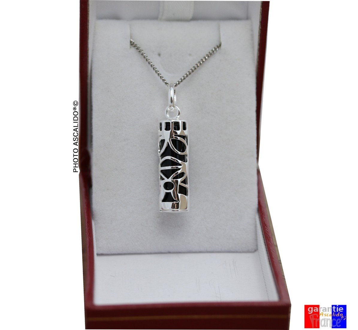 Ensemble pendentif amulette porte bonheur Tahitien tiki sagesse et sa chaine 50cm en argent massif 925 noir neuf et avec coffret