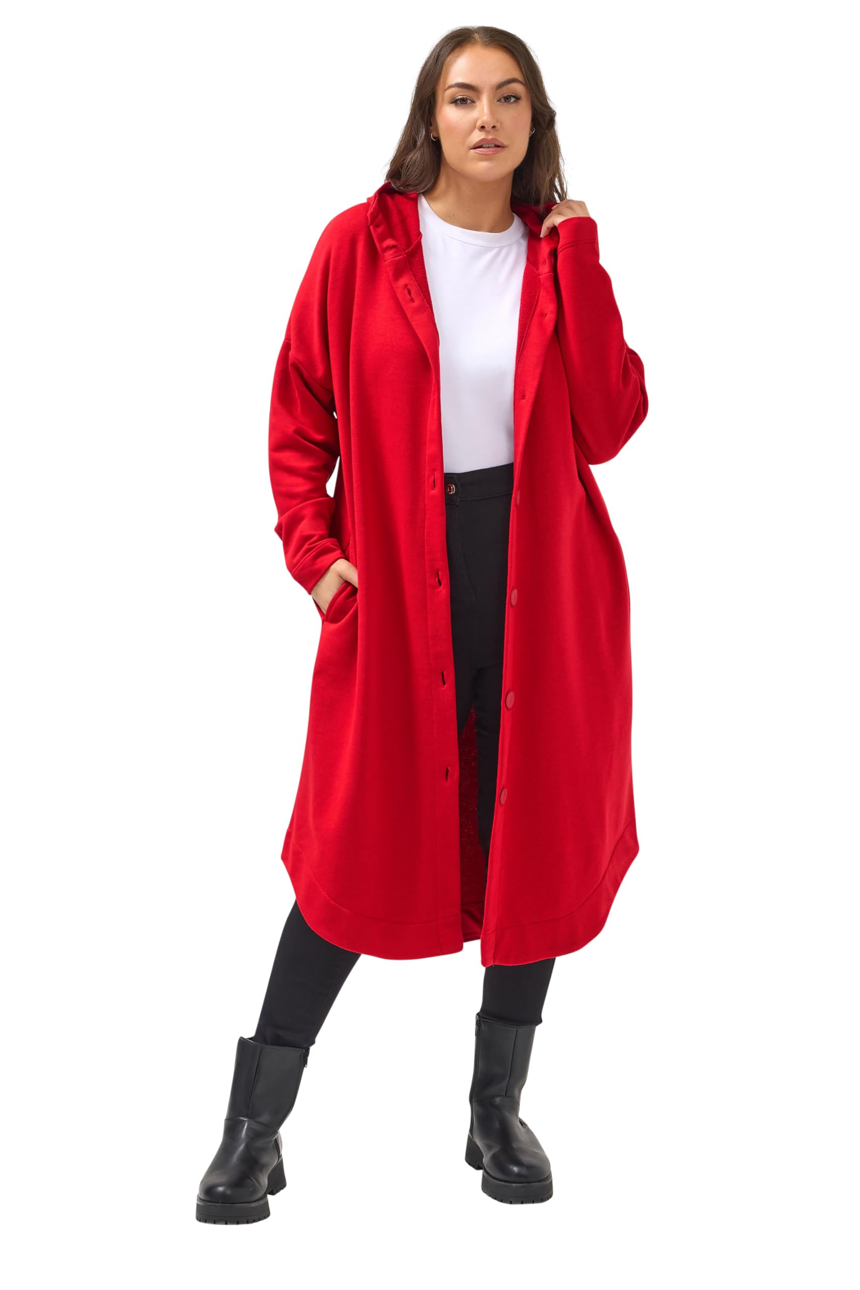 Yours Women's Red Hooded Maxi Jacket In | Size: 22-24