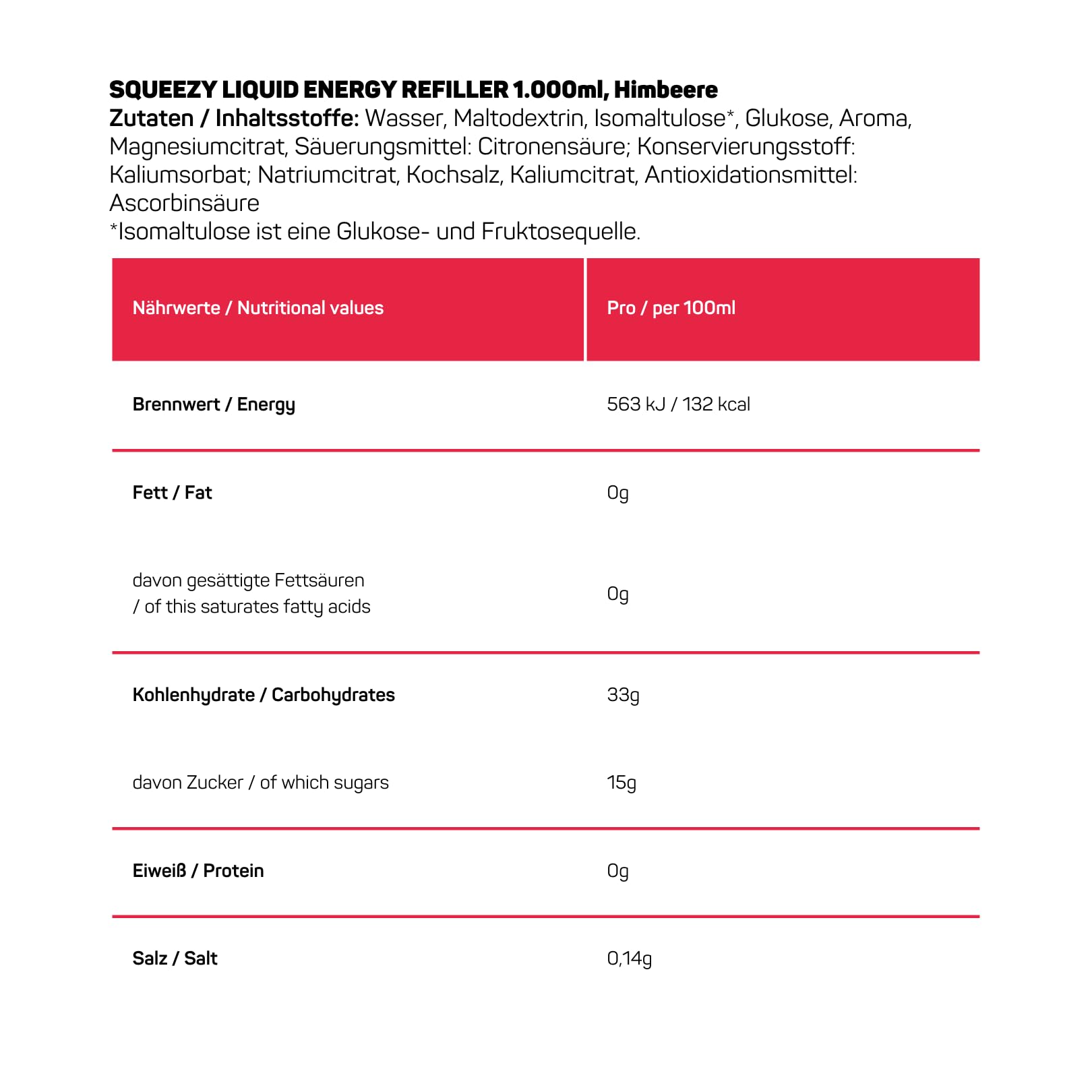 Squeezy Liquid Energy Refiller (Himbeere) 1000 ml - Sport Energy Gel mit erhöhtem Wasseranteil für schnelle & dauerhafte Energie bei maximaler Verträglichkeit beim Ausdauersport - ohne Nachtrinken