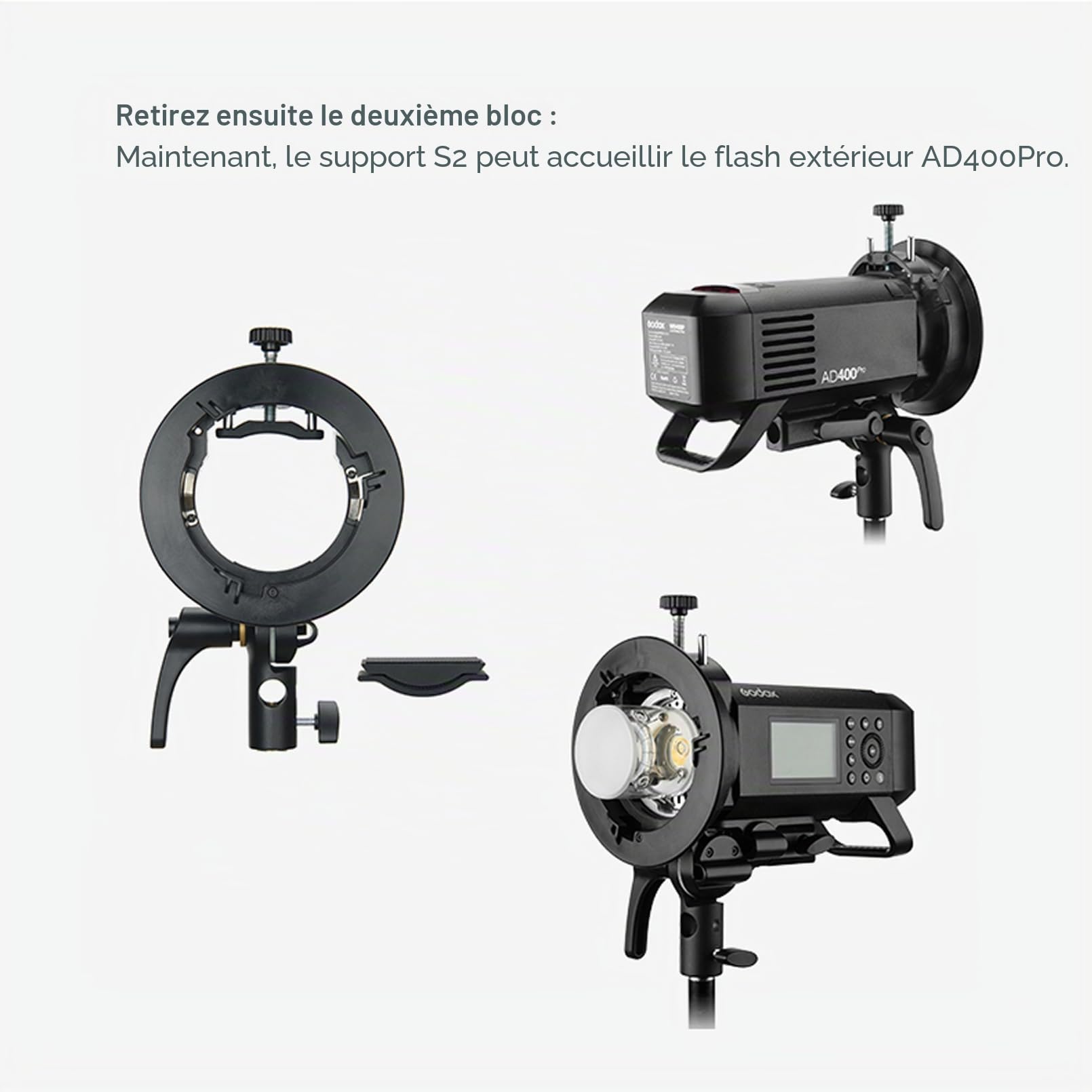 Godox S2 Bowens Support de Flash pour Godox AD200ProII AD400Pro AD300Pro AD300ProII, V1 V1Pro V100 Série, V860II, V860III, TT685II, TT350, TT600, Grande Poignée, Contrôle Précis de l'inclinaison