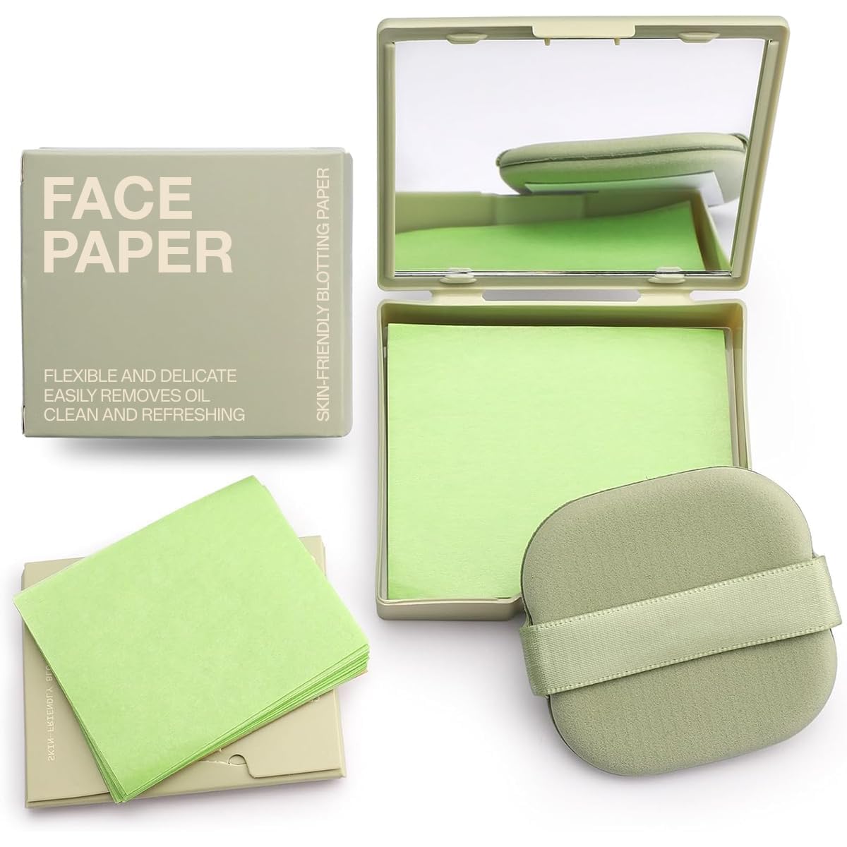 100Pcs Korean Face Blotting Paper for Oily Skin, Natural Linen Bloating Papers for Oily Face, Oil Absorbing Sheets for Face, with Built-in Mirror & Powder Puff Pad for Men and Women