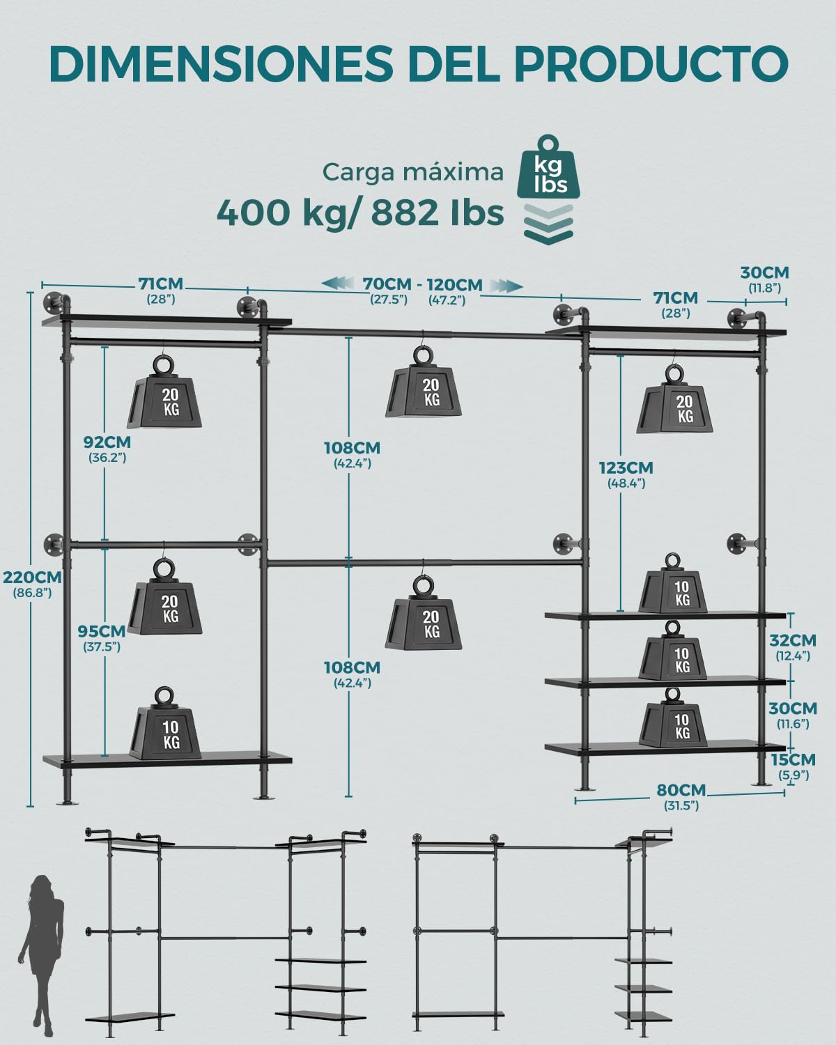 iSunirm Barra industrial para colgar ropa, montaje en pared, sistema de armario abierto, barra telescópica con estantes de madera, resistente de metal para vestidor, color negro