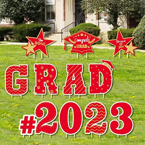 2023 Grad Yard Signs Decorations 12 Pieces Waterproof Outdoor Graduation Yard Sign Decorations Class of 2023 with Stakes Grad Lawn Decor Set for Graduation Party (Red)