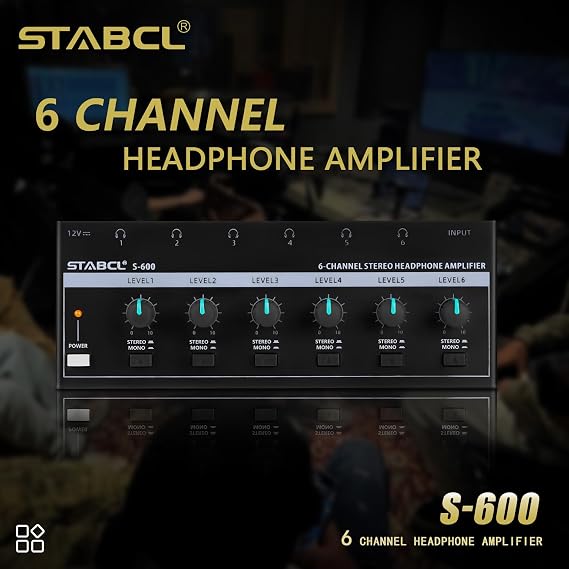 Headphone Amplifier 6 Channel, Stereo Headphone Amp with 3.5mm&6.35mm Input and Output, Metal Portable Studio Headphone Amp Splitter, Headphone Mixer with Mono and Stereo for Recording Studios