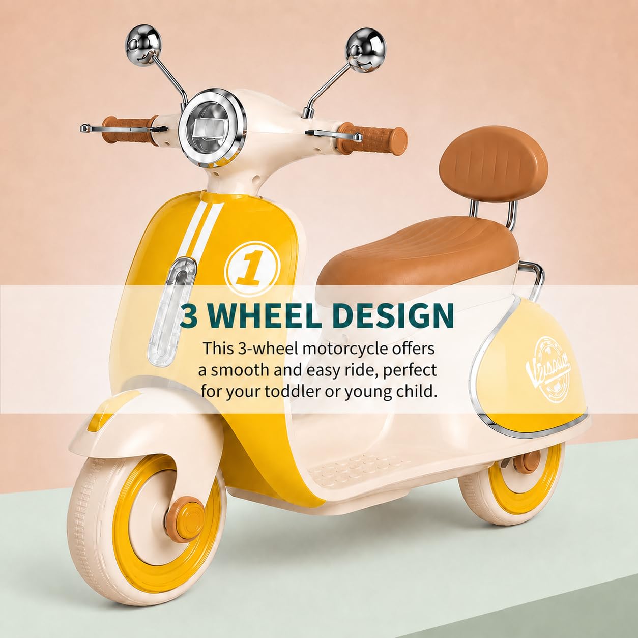 kidsROAR Electric Bike for Kids, Battery Operated Vintage Scooter for Girls and Boys with Music Wide Seat, Safe Bike for Kid, Ages 2-6 Years, Stylish & Fun Design SR-6188 (Yellow) 2