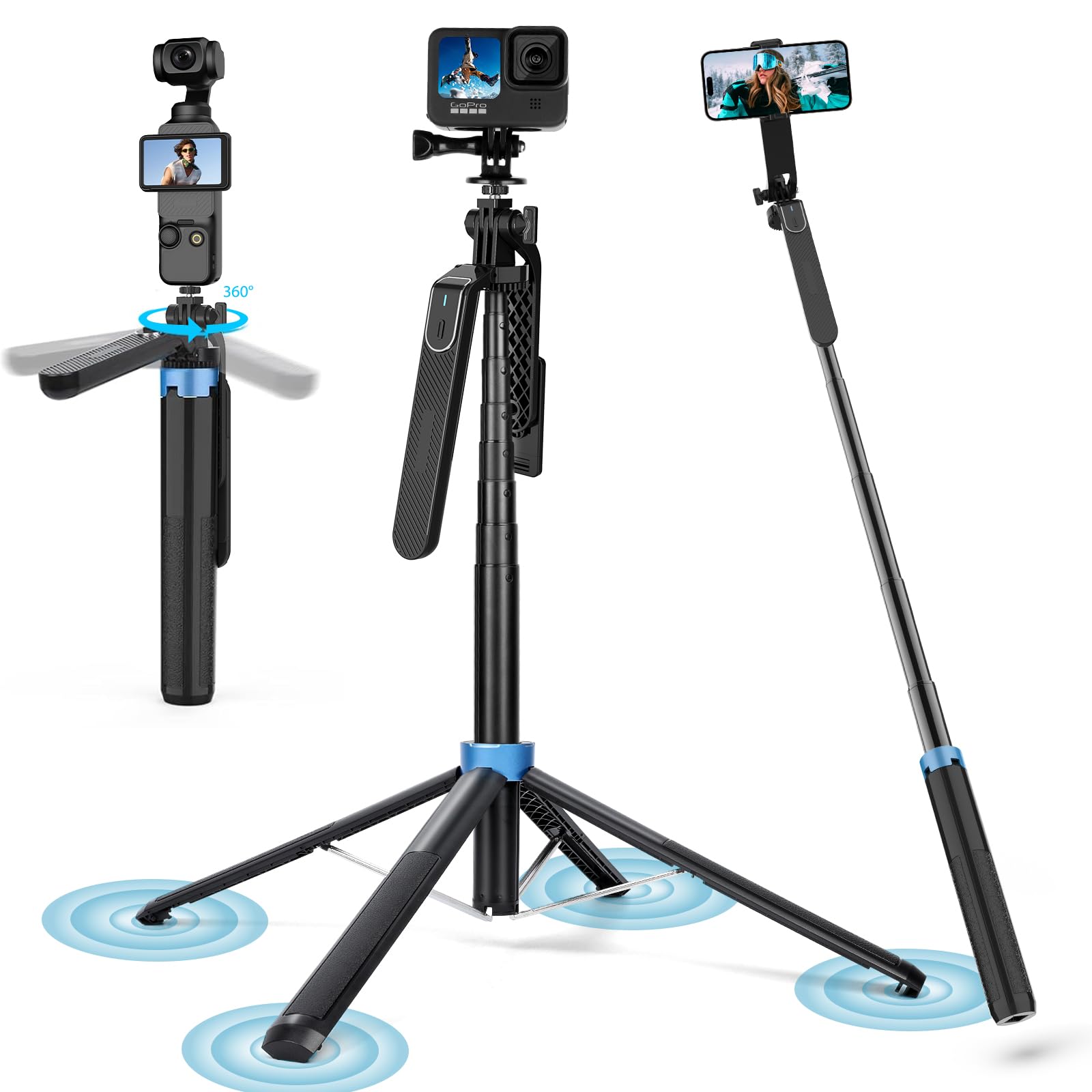 Eocean 71" Tall Selfie Stick Tripod Quadripod with Remote & with 360° Ballhead, Aluminum Alloy Extendable Travel Tripod Stand Phone Holder Compatible