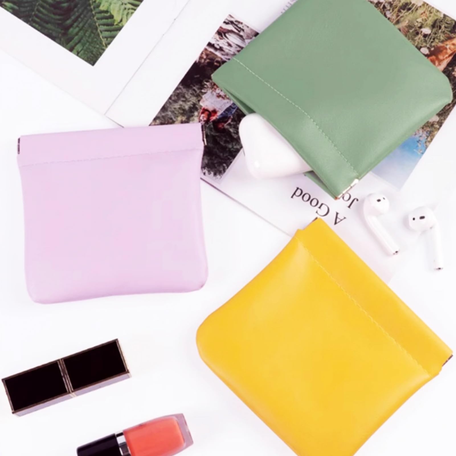 AJOJO 4 Pcs Lambskin Pocket Cosmetic Bags, 4 Size Waterproof Portable No Zipper Self-Closing Cute Small Makeup Pouch for Women, Pu Leather Bag for Cosmetics Headphones Jewelry (Green) 3
