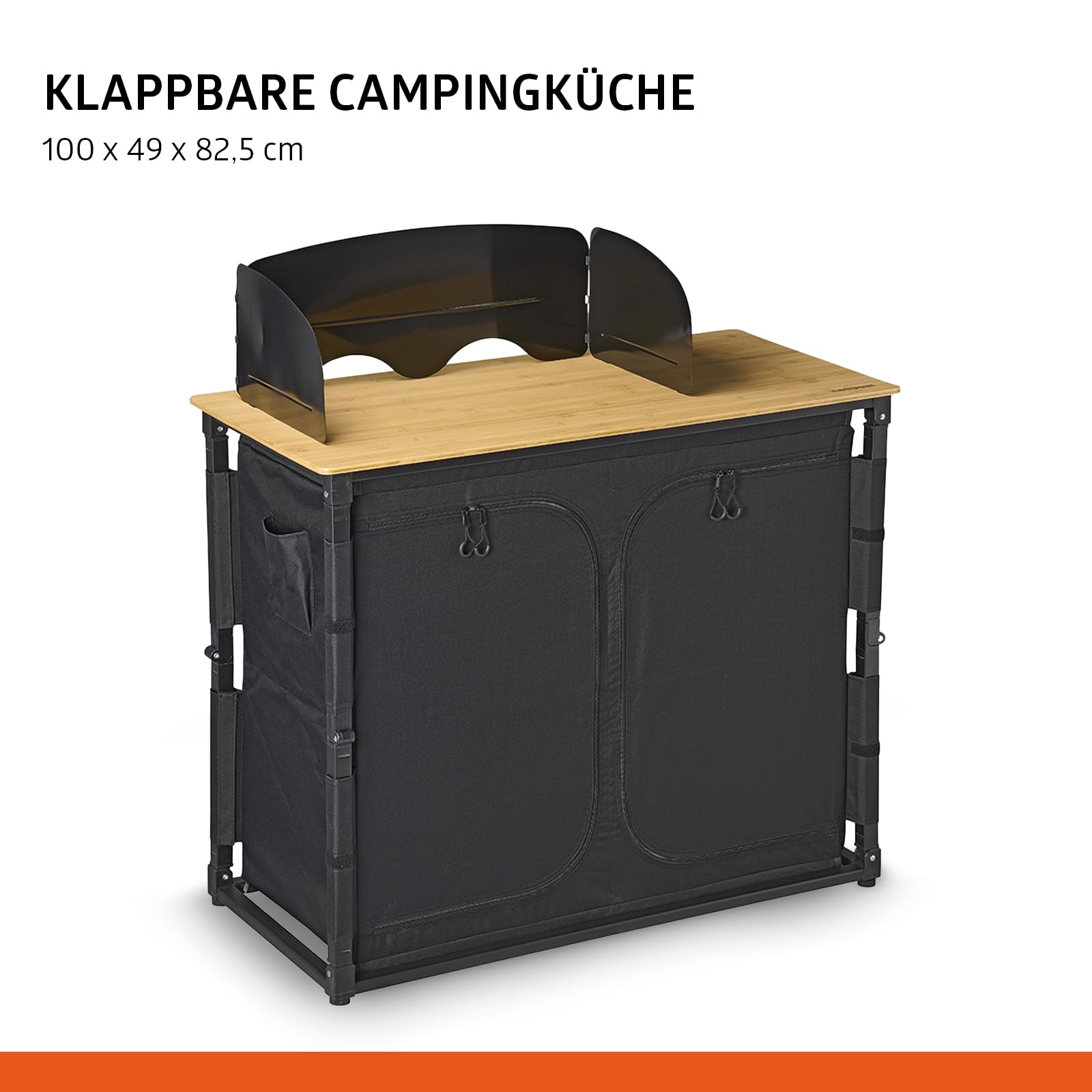 Campout Küchenzeile - 100 x 49 x 82,5 cm - Faltbare Campingküche - Outdoor Küche - Zusammenklappbare Campingschrank - Klappbar mit Stauraum - Platz für Gasflasche - Inkl. Tragetasche - Bambus