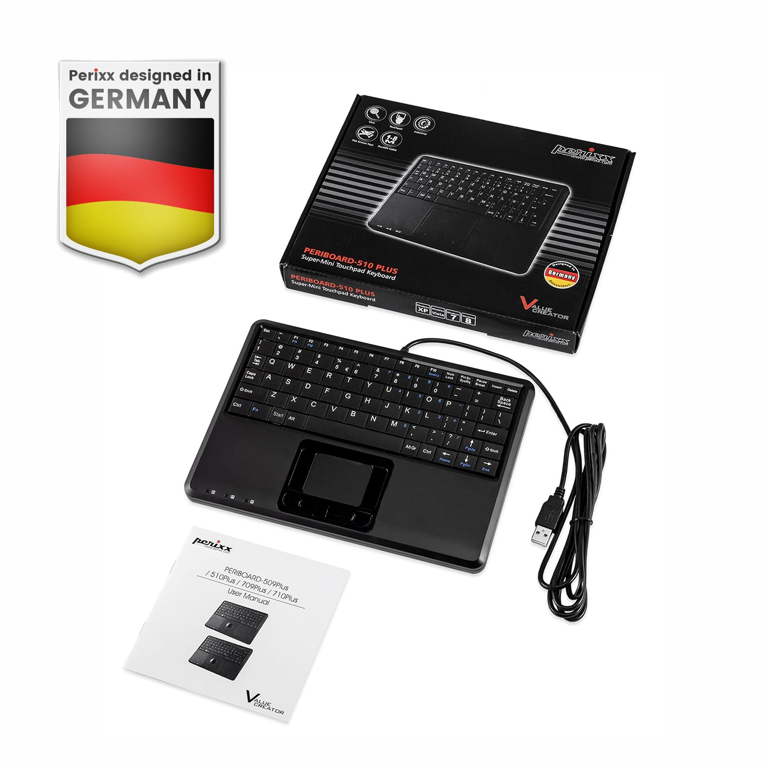 Perixx PERIBOARD-510 H Plus Super Mini Touchpad Tastatur, USB mit 2-Fach USB Hub, Integriertem Touchpad, Schwarz - Deutsches QWERTZ Layout