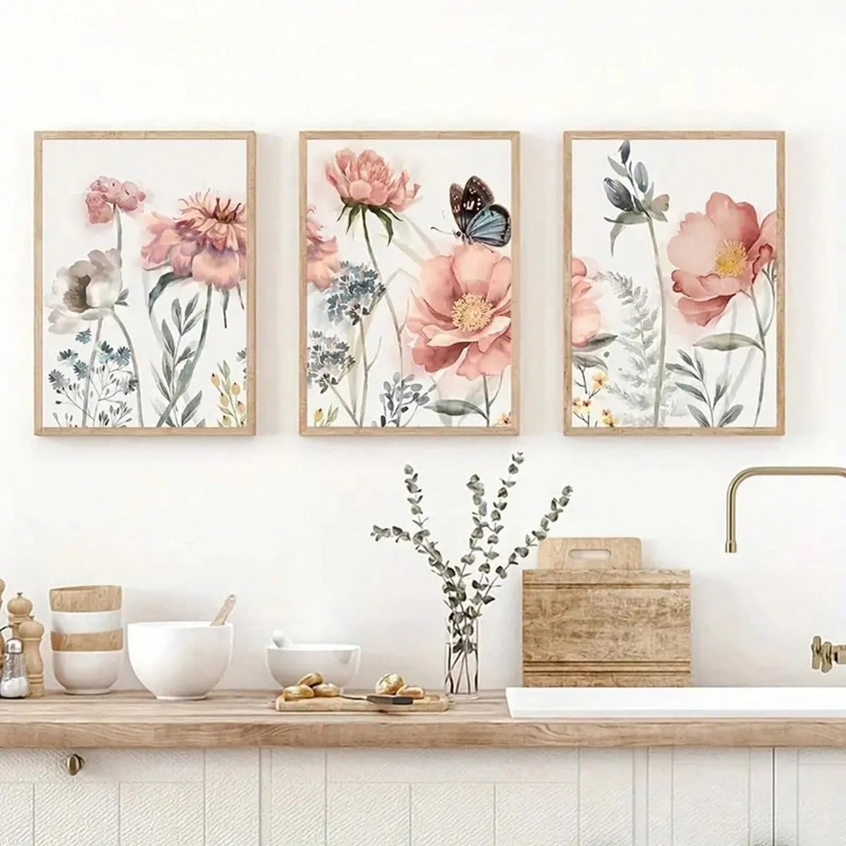 TZKBDMA Quadri su tela con fiori rosa e farfalle per decorare cucina, soggiorno e camera da letto - Poster in stile inchiostro per soggiorno (70x100cmx3/Senza cornice)
