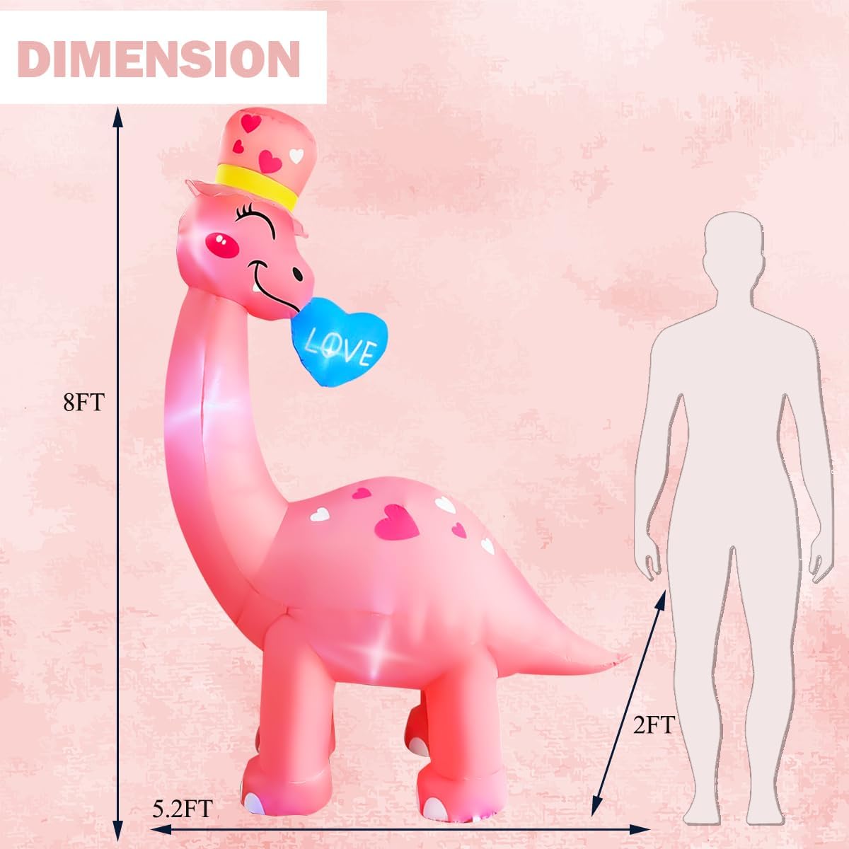BLOWOUT FUN 8 Ft Valentine's Day Inflatable Dinosaur Light Up Decoration Blow Up Brachiosaurus for Birthday Wedding Anniversary Party Decor