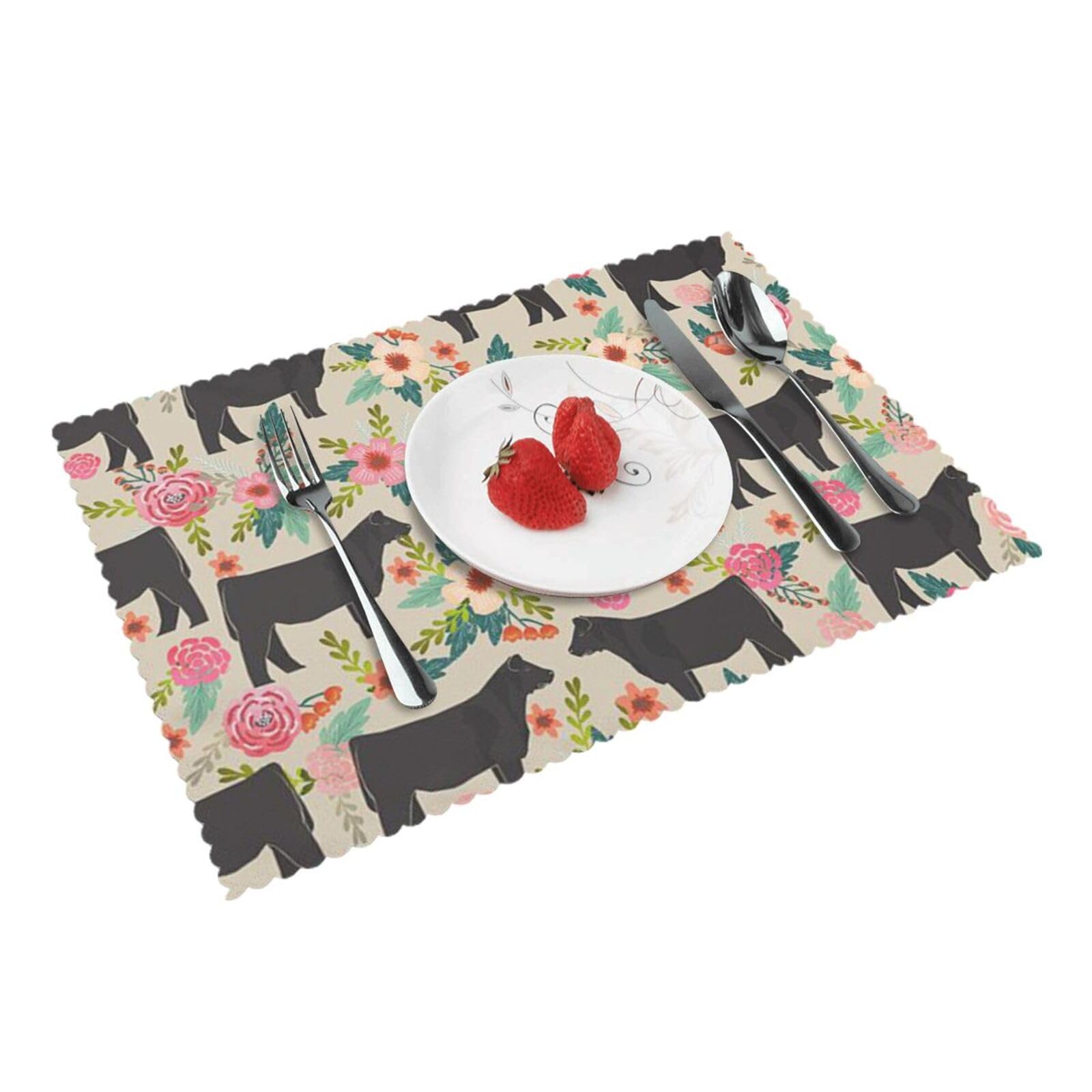 Bnvsadc Pink Flower Show Steer Cows Cattle 4 Pcs Heat Resistant Placemat 45X30 Cm, Printed Non-Slip Place Mats For Kitchen Dining Table Indoor Outdoor