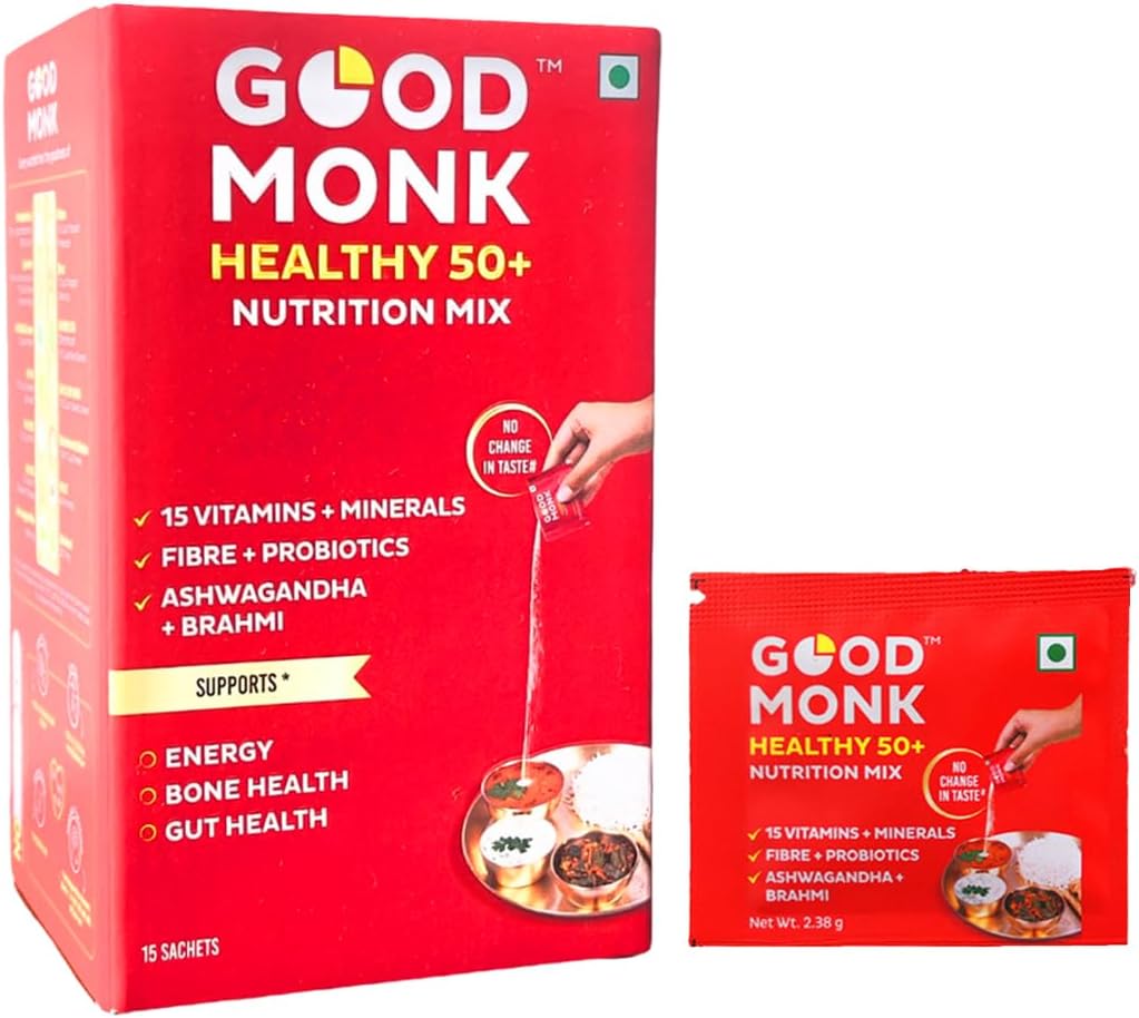 Good Monk Healthy 50+ Multivitamin for Senior Men & Women | For Energy, Bone & Gut Health | With Probiotics, Fibre, Ashwagandha, Vit. B12, C, D, Iron, Zinc | Add To Food - No Taste Change | 15 Sachets