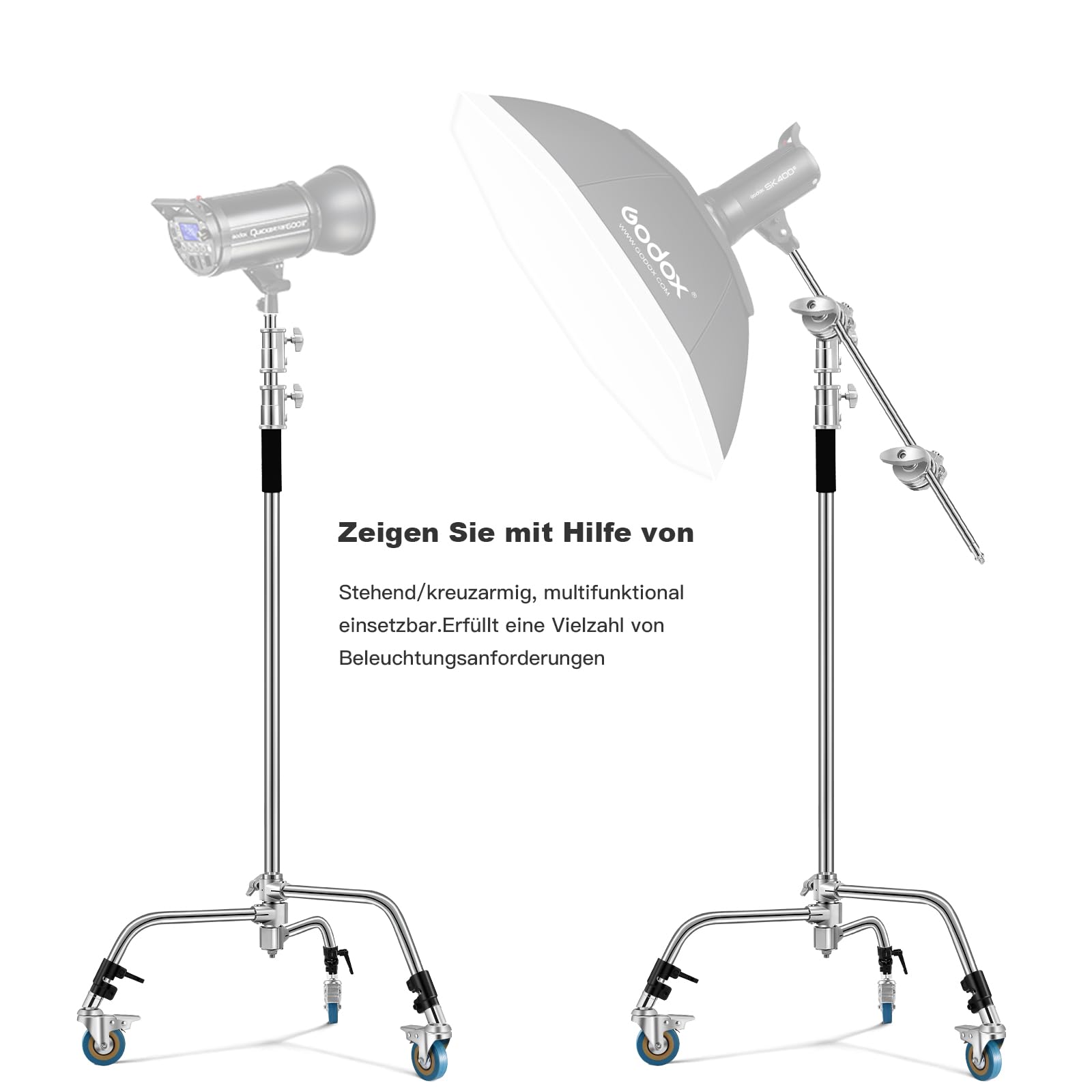 Soonpho Cavalletto C Stand,3,3 m Regolabile Supporto Luce, Con Asta Di Prolunga Da 1,2 m 3 Ruote,2 Teste di Presa & Borsa per Fotografia in Studio Riflettore Ombrello Monoluce,Softbox