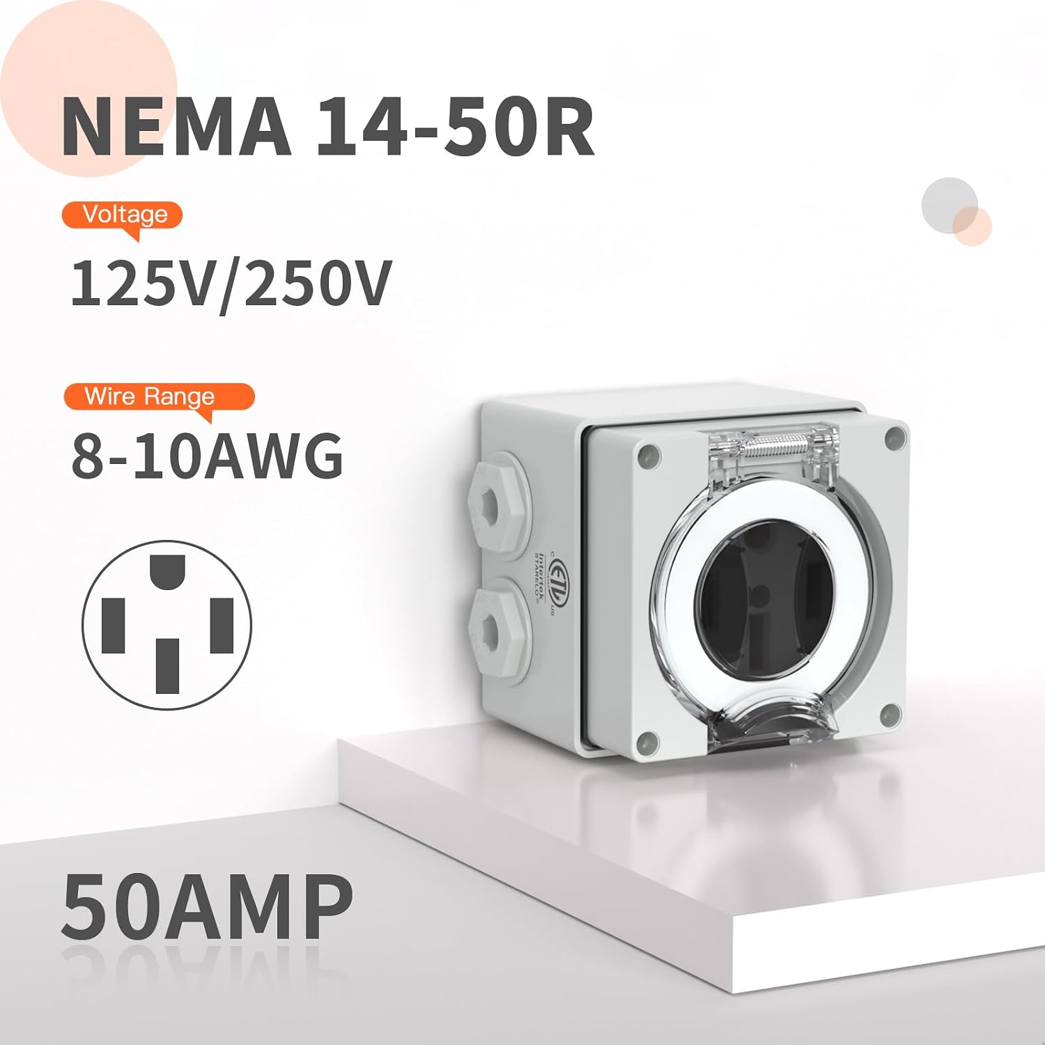 50 Amp Power Outlet Box,NEMA 14-50R Outlet 125/250Volt Weatherproof Outdoor Receptacle Panel,50 Amp RV Receptacle for Electric Vehicles,Camper, Generator, etc.ETL Listed