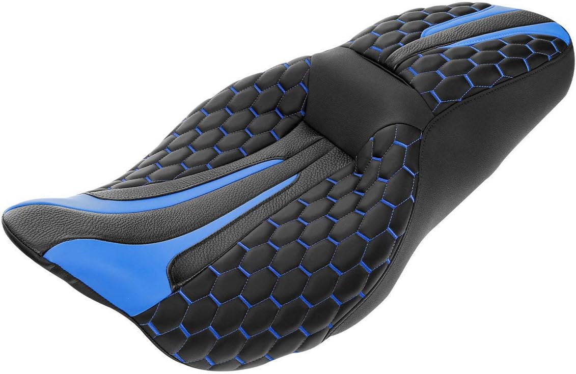 C.C. RIDER Passenger Rider Touring Seat - Hexagon Stitching Seat for Harley Davidson Touring Road King Street Glide Road Glide Electra Glide CVO 2009-2023 Black Blue