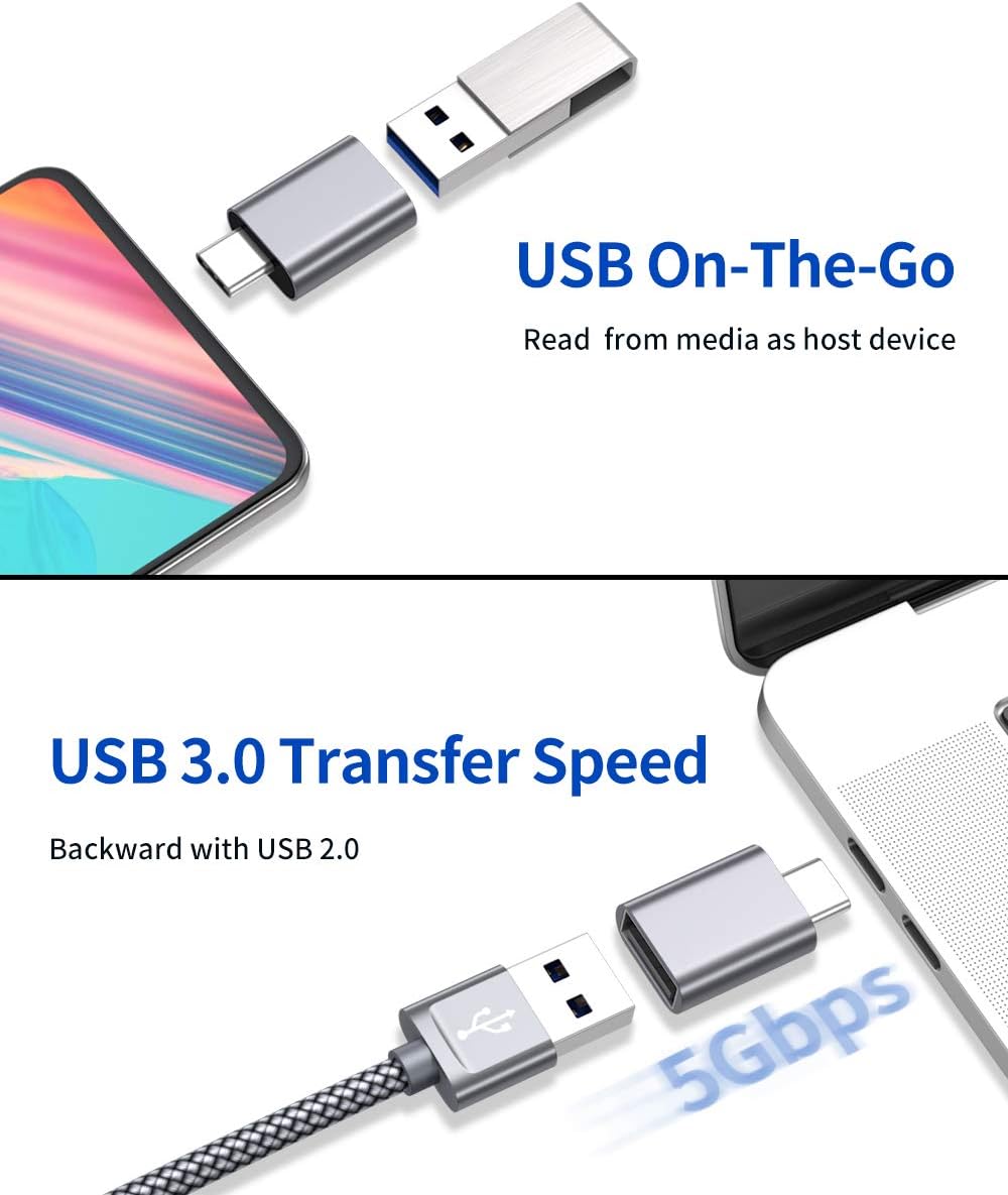 JSAUX USB Type C Male to USB A 3.0 Female Adapter 2-Pack, [Side-by-Side Use] Thunderbolt 3 Adapter Compatible with Dell XPS 13 7390, Galaxy S20 S20+ S10 Plus Ultra(Grey)