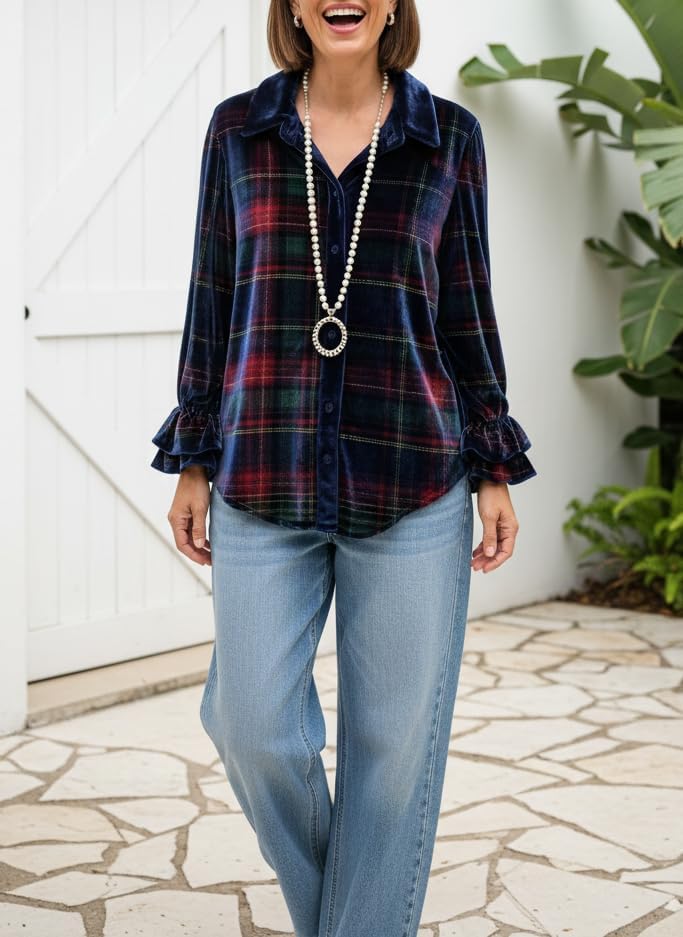 Women's Vintage Boho Floral Velvet Shirt Casual Loose Lapel Collared Button Down Ruffle Long Sleeve Tops Blouses - Image 2