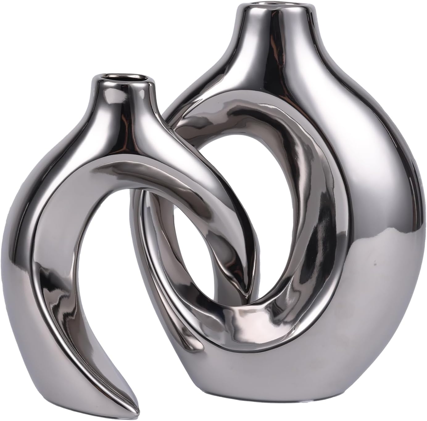 Ceramic Vase Set of 2, Modern Hollow Donut Vases for Flowers, Nordic Minimalist Vases for Home Decor Living Room Decor, couple ceramic vase (Electroplating-Silver)