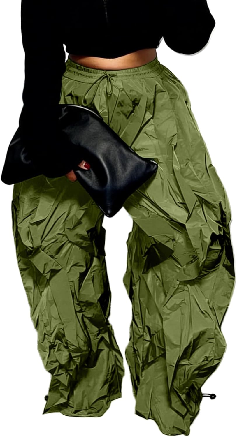 Vakkest Women's Baggy Ruffle Barrel Pants Elastic Waist Drawstring Jogger Sweatpants Wide Leg Casual Fringe Trousers