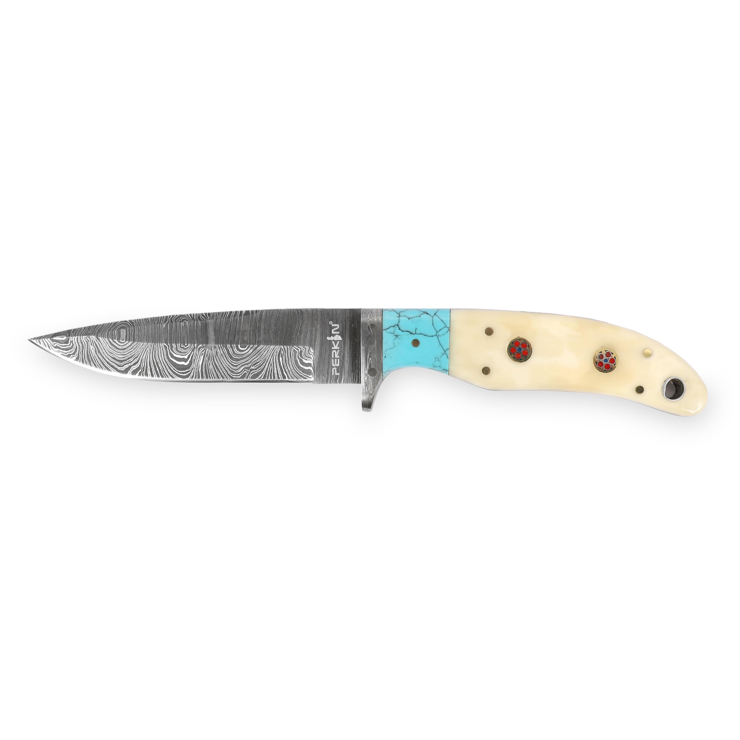 Coltello da caccia effetto damasco fatto a mano, manico turchese in osso.