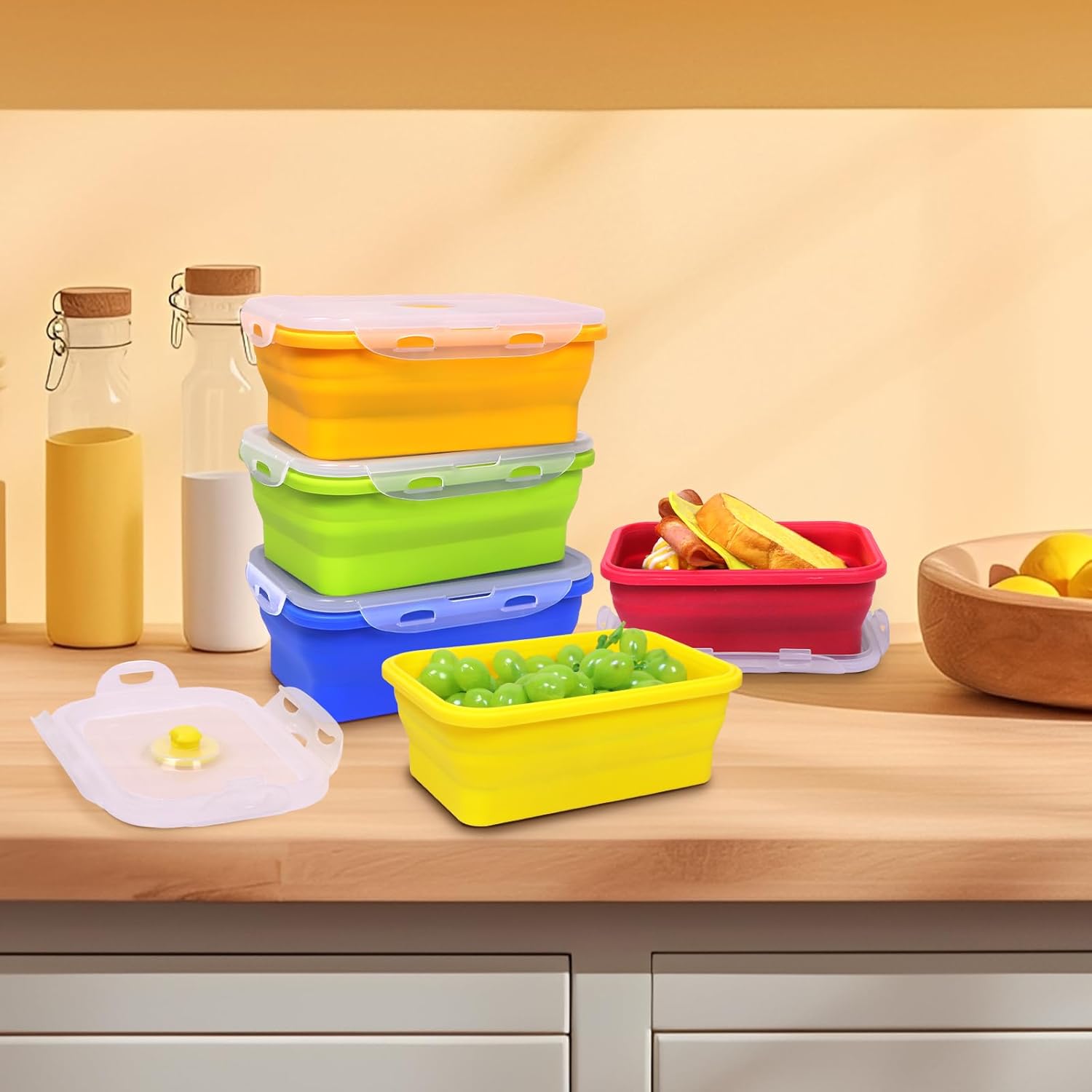 5 Pack Collapsible Silicone Food Storage Containers with Leak-Resistant Lids, 27oz Bento Lunch Boxes, for Kitchen, Office, Camping, Travel, BPA Free