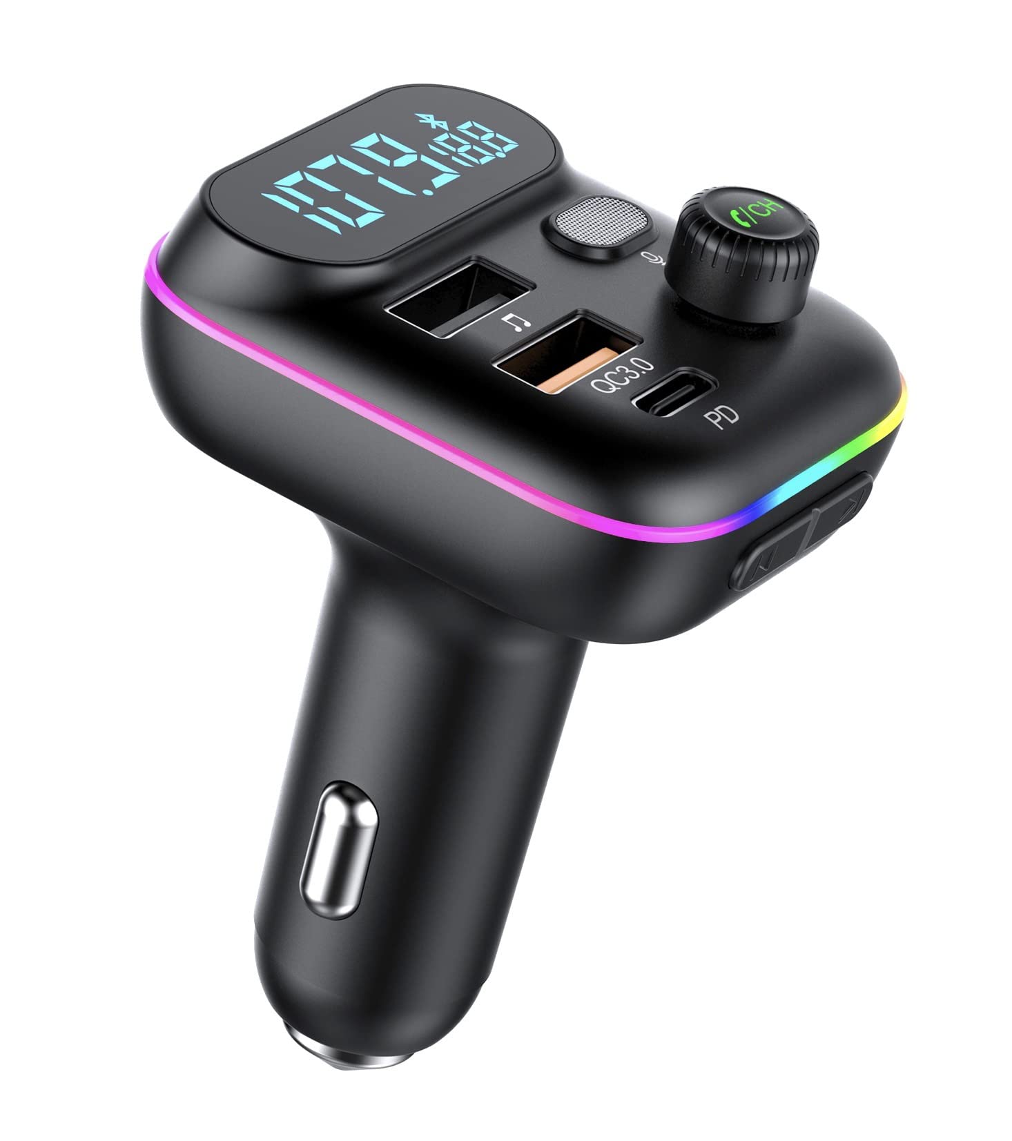 Wireless in-Car Bluetooth FM Transmitter Handsfree Call Car Charger with 18W PD+QC3.0 Dual USB Port Charger Support SD/TF Card USB Flash Drive