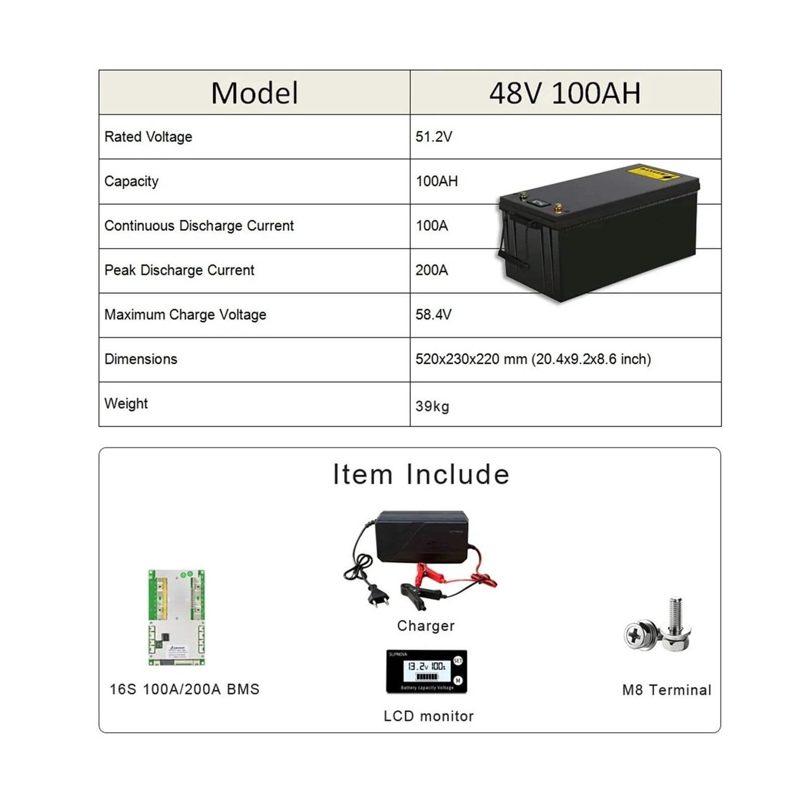Batería de litio LiFePO4 de 48 V y 100 Ah con BMS integrado for almacenamiento solar en autocaravanas, carritos de golf y camping al aire libre.