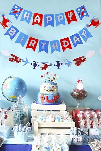 Miniatura 8 de Cartel de cumpleaños de avión y decoración de guirnalda para aviador, aviación, fiesta temática de cumpleaños, pancarta de fieltro con purpurina y
