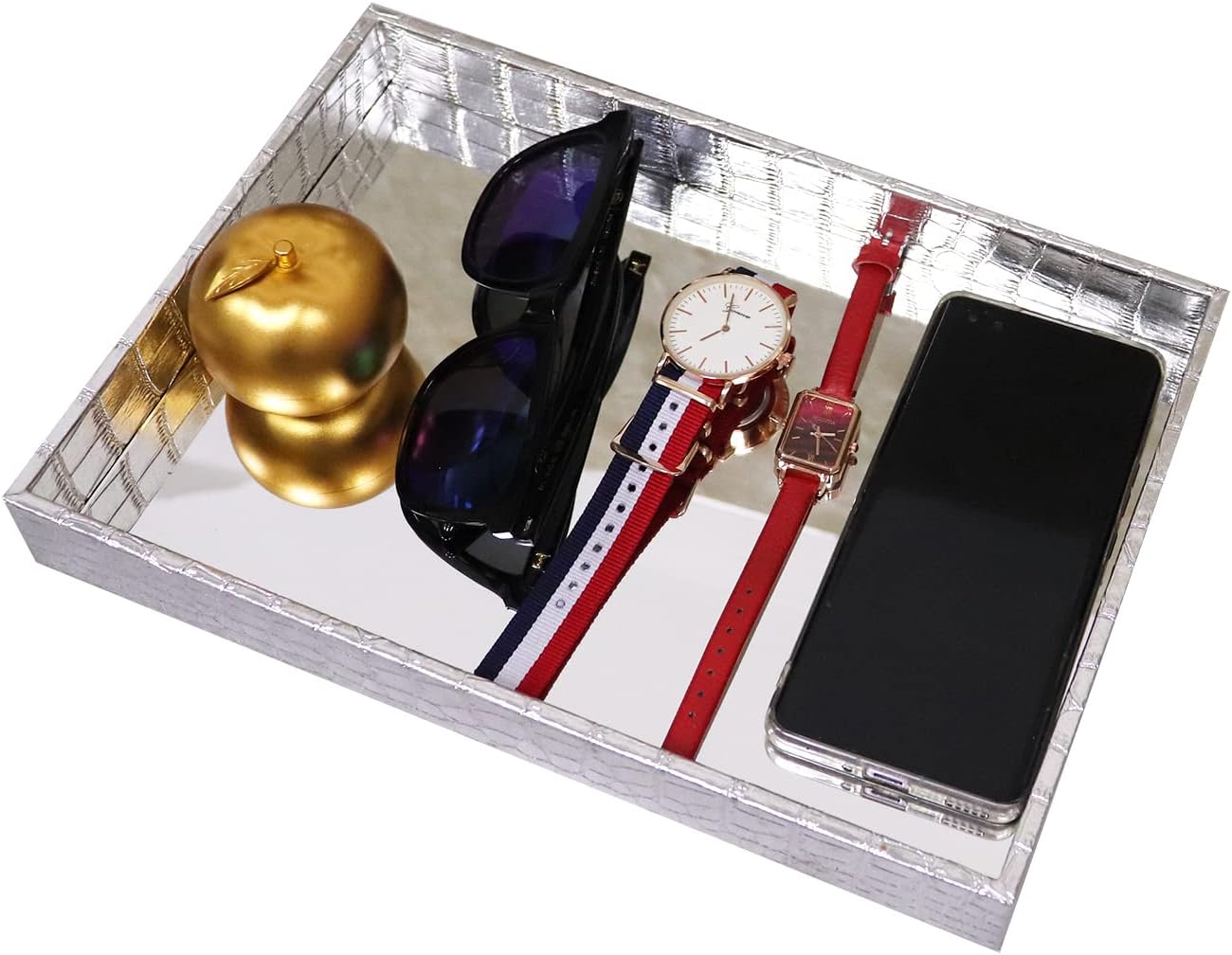 MCBZ Coffee Table Decorative Mirror Tray, Dresser Perfume Cosmetics Storage Tray, Bathroom Toiletries Storage, Jewelry Tray (Silver) - Image 2