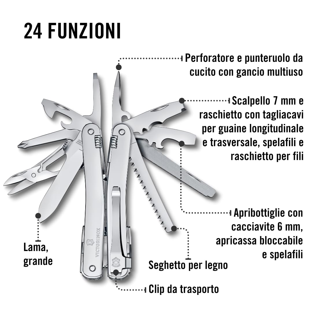 Victorinox Coltellino Svizzero Swiss Tool Spirit MX Clip, 24 Funzioni, Multi-strumento con Pinza, Cacciavite, Apriscatole, Argento