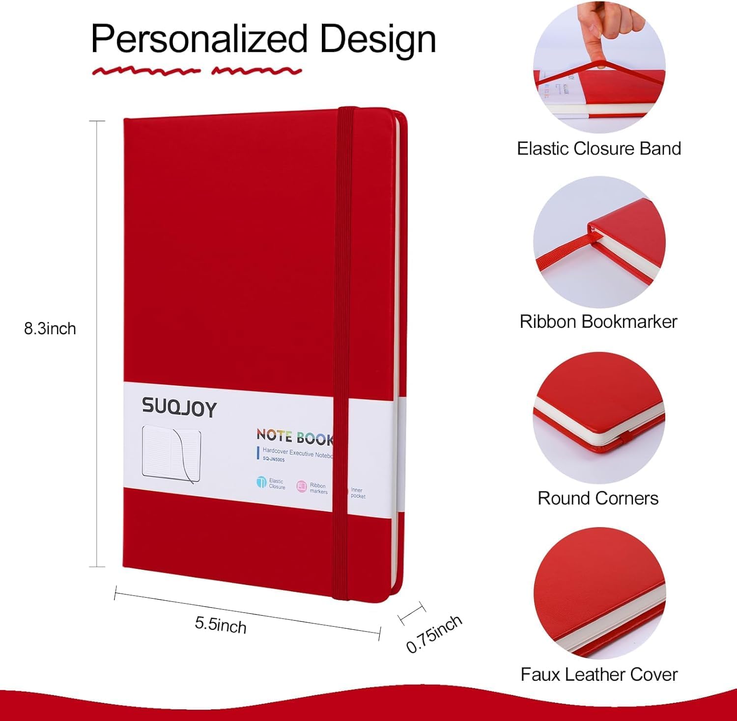 SUQJOY Lined Journal Notebooks, 6 Pack 160 Pages, 5.5x 8.2-Inch Journals for Women Men, Hardcover Notebook with 100 gsm Thick Paper, A5 Size College Ruled Notebook for Writing/Travel/Work (Red-6 Pack)